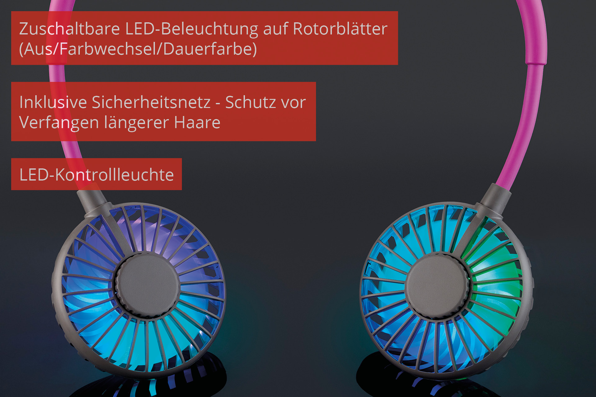 Wentylator na szyję z podświetlanymi łopatkami, różową opaską i etykietami tekstowymi. Kontrolka LED.