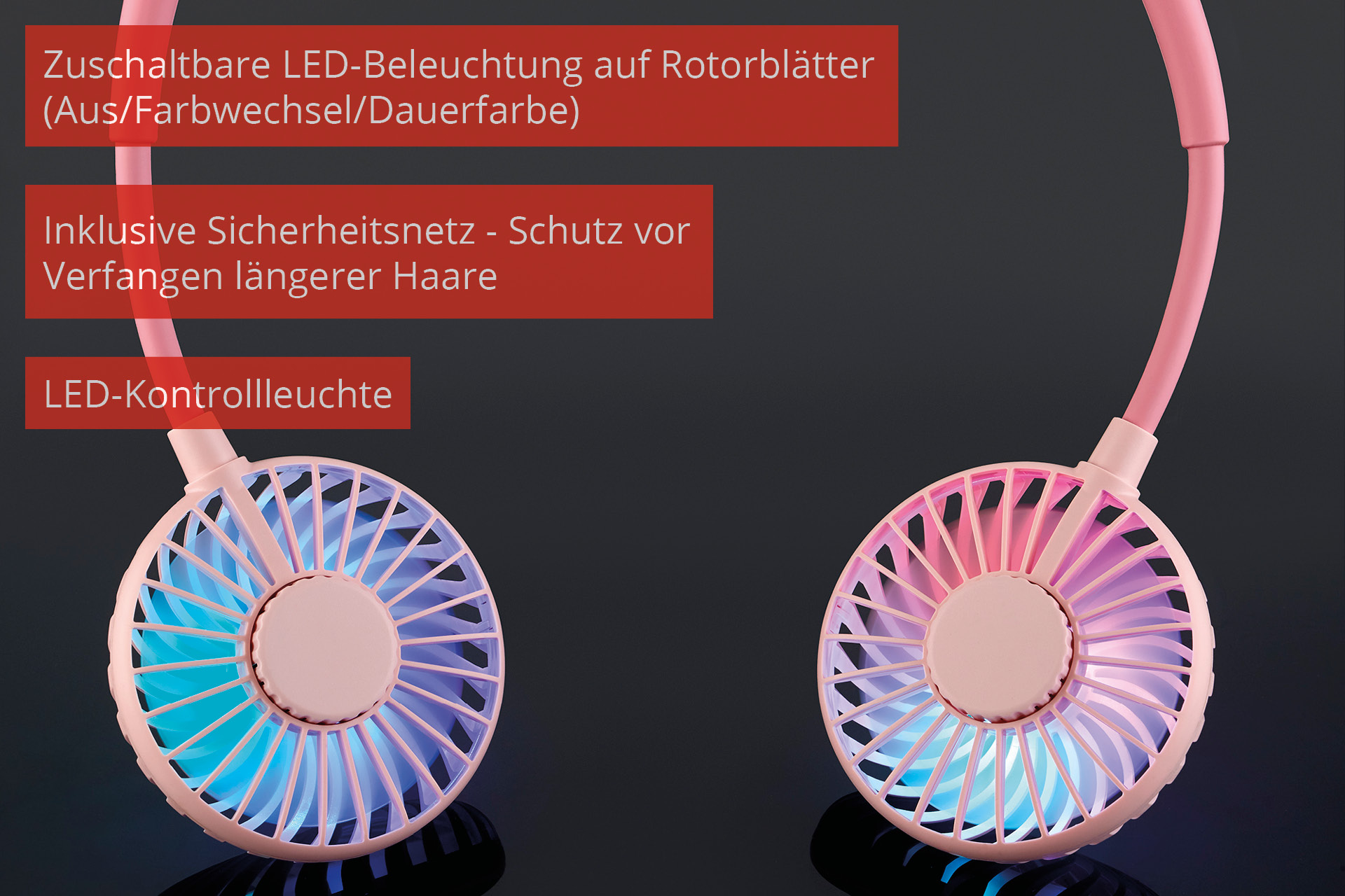 Zbliżenie różowego wentylatora na szyję z oświetleniem LED. Tło jest ciemne.