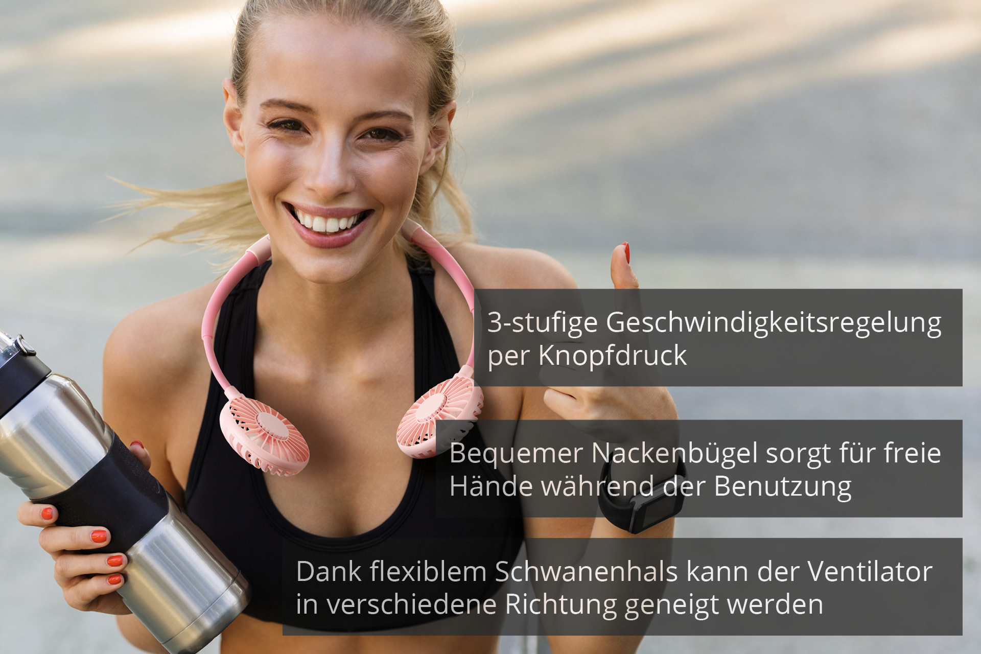 Kobieta z wentylatorem na szyi uśmiecha się, z tekstem o kontroli prędkości i wolnych rękach.