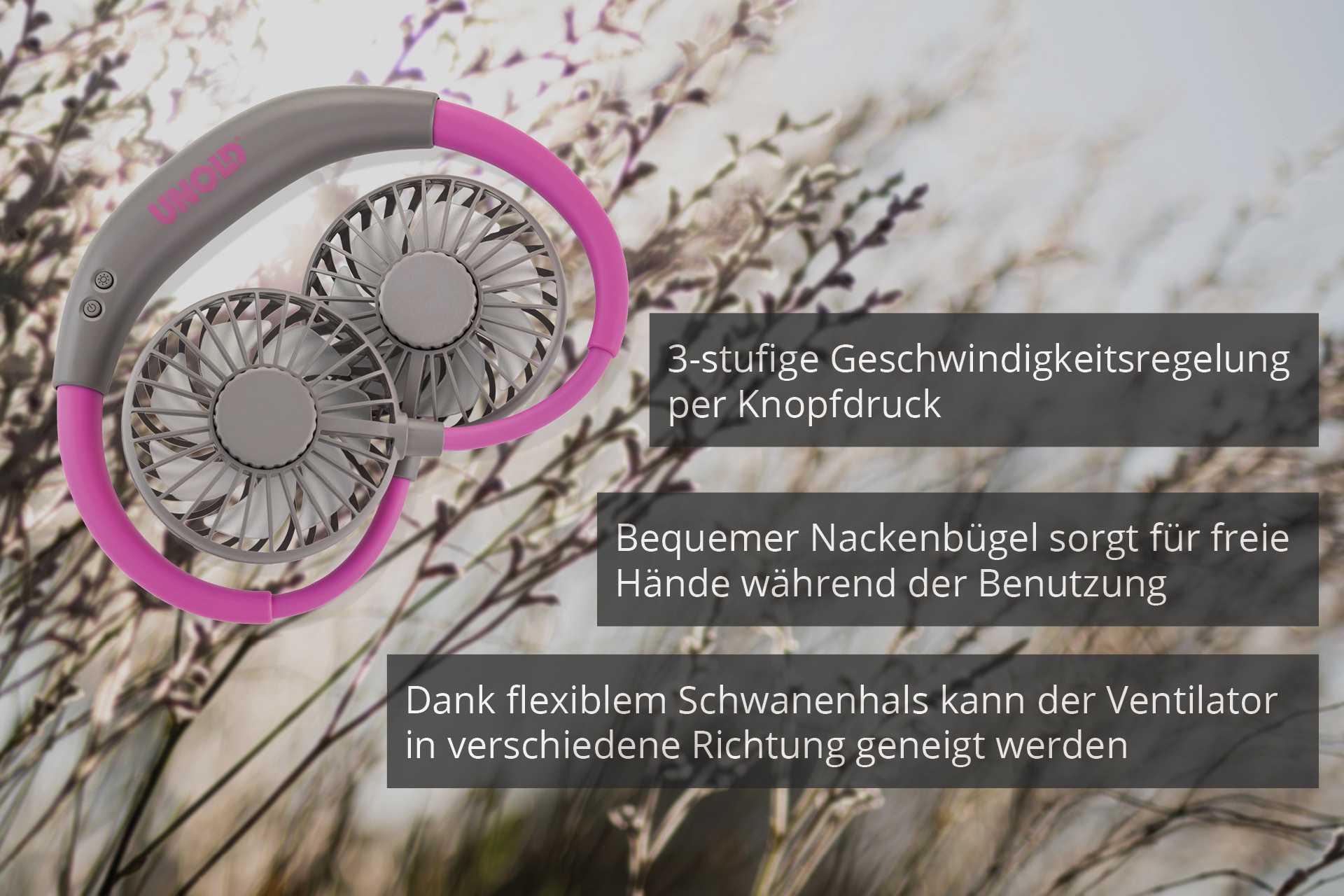 Wentylator na szyję z dwoma wentylatorami, różowy i szary, tekst wyjaśnia 3-biegową kontrolę.