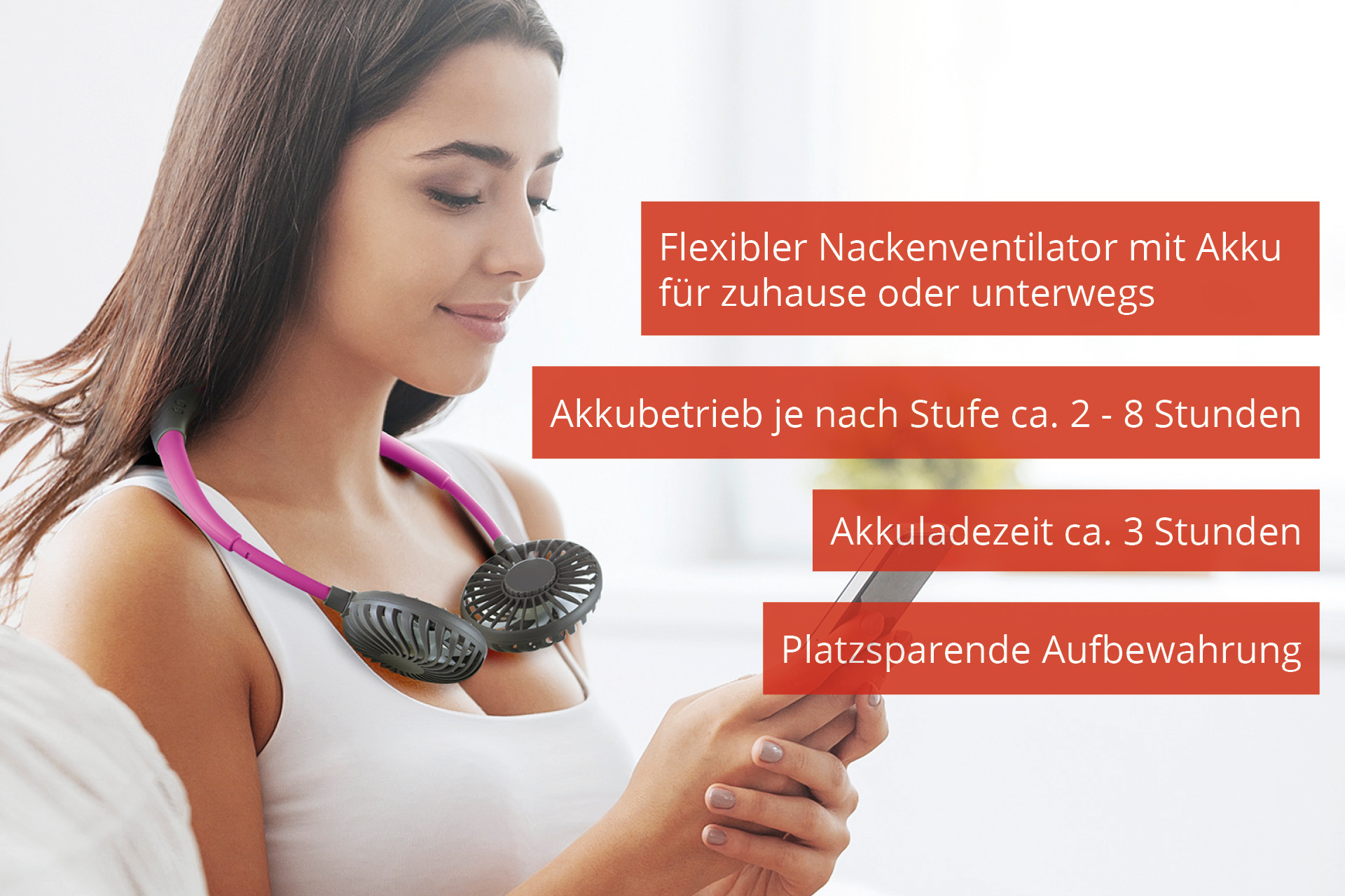 Kobieta używająca wentylatora na szyję, infografiki pokazujące żywotność baterii i szczegóły przechowywania.