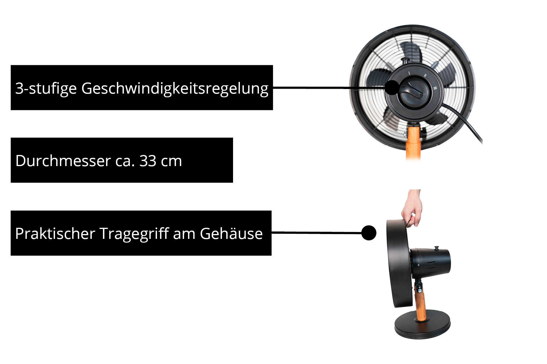 Schemat wentylatora z etykietami: 3-biegowa regulacja, średnica 33 cm i uchwyt. Czarny wentylator.