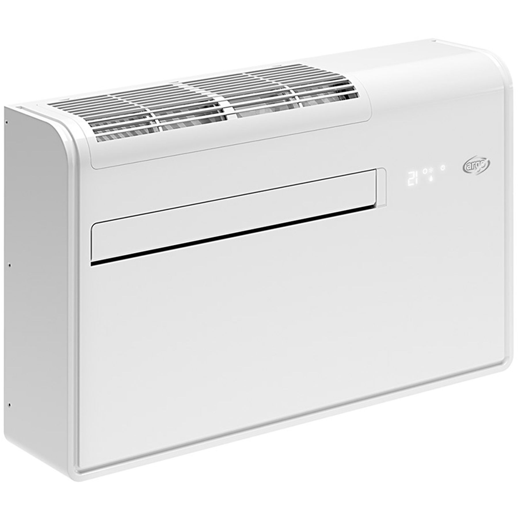 Condizionatore bianco. Rettangolare con una presa d'aria in alto. Il display della temperatura indica 21. Sfondo bianco.
