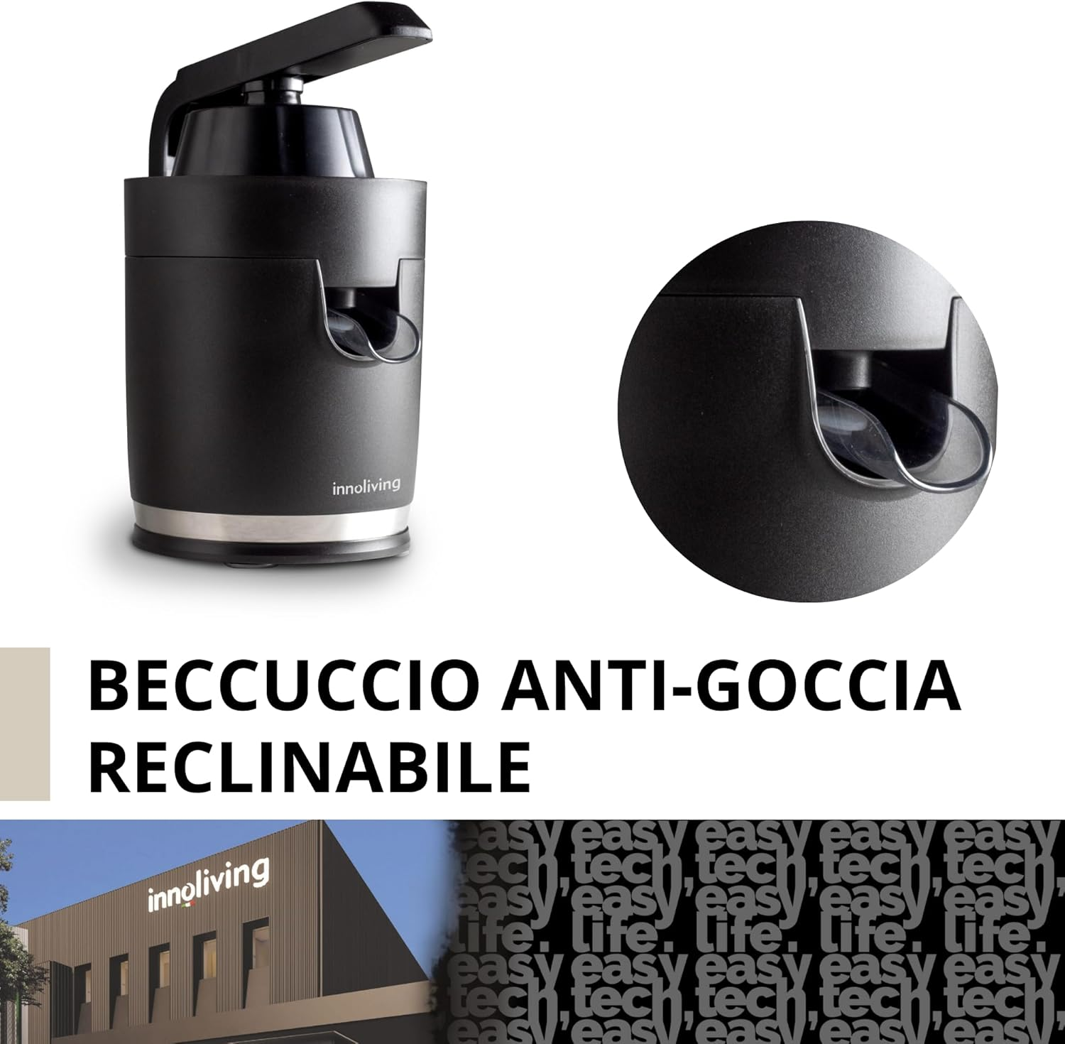 Un dispenser nero con il testo 'innoliving' e le parole 'easy life'.