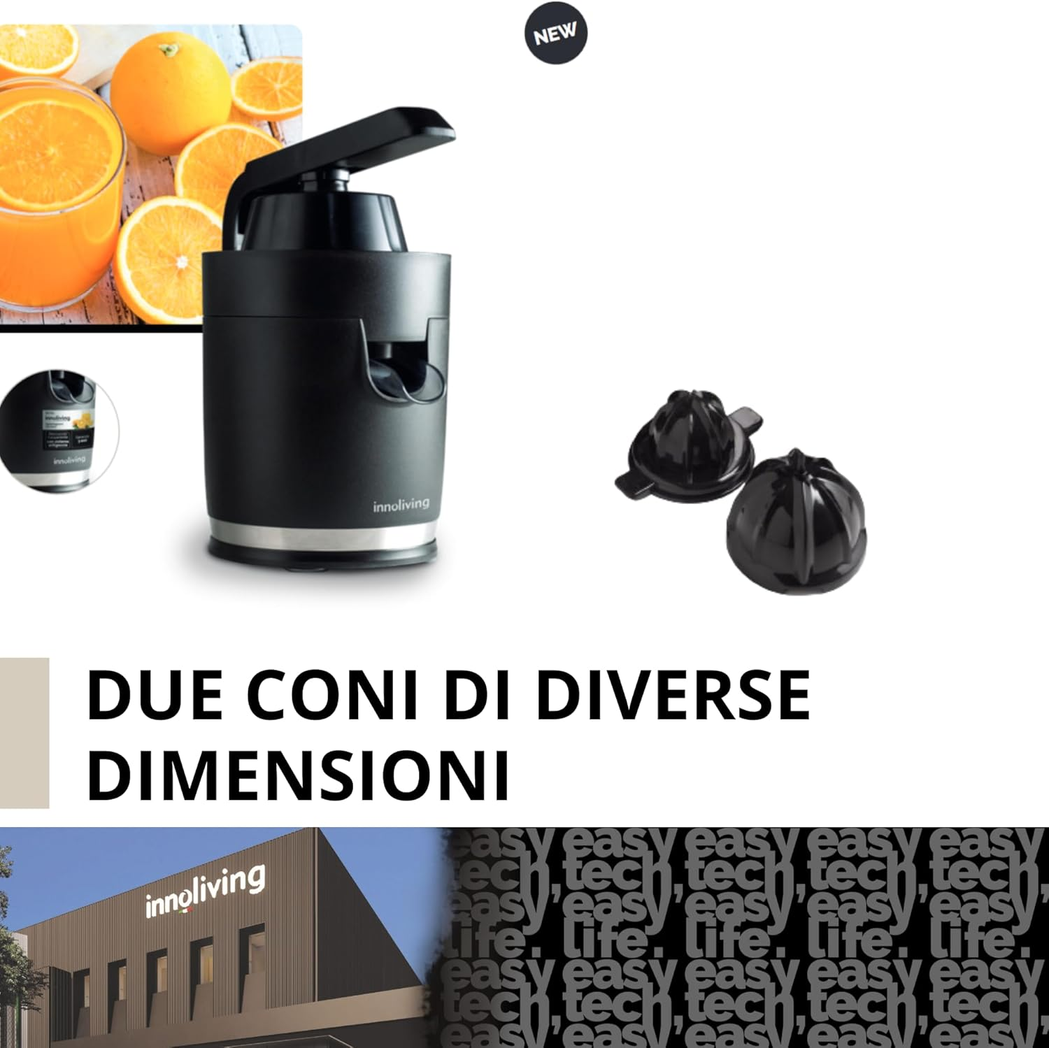 Spremiagrumi nero con due coni di diverse dimensioni e una facciata di edificio.