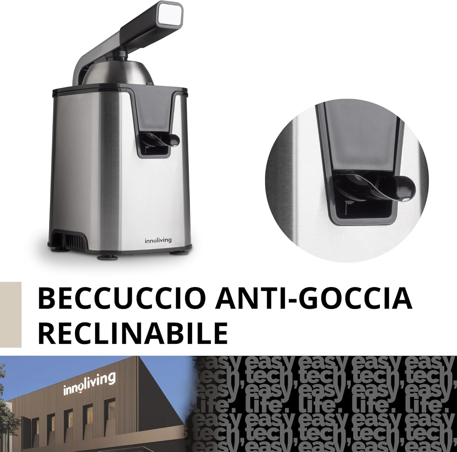 Spremiagrumi in acciaio inox con manico nero e primo piano del beccuccio. Testo sullo sfondo.