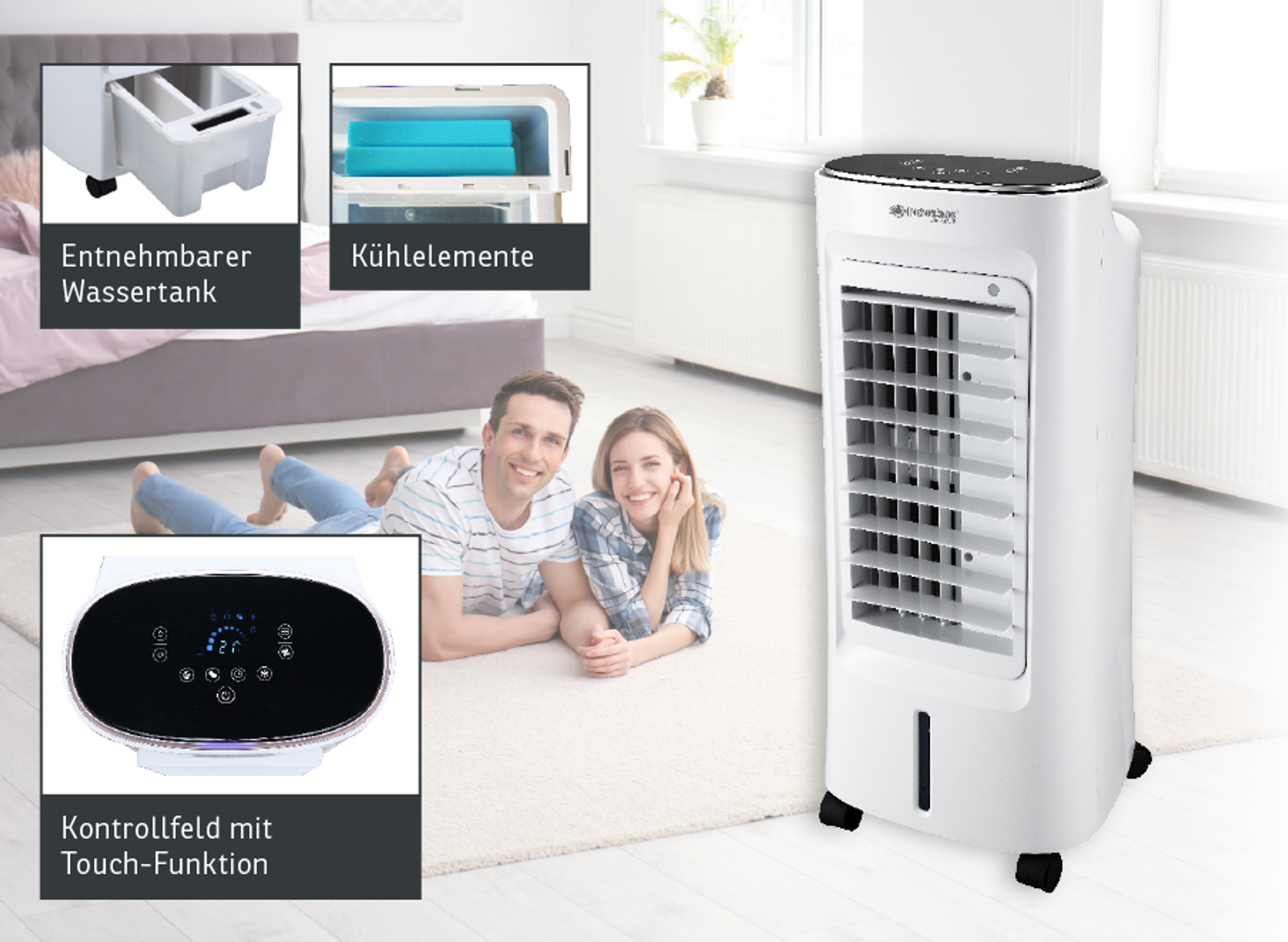 Weißer Luftkühler mit Personen im Hintergrund. Display und Wassertank sichtbar.