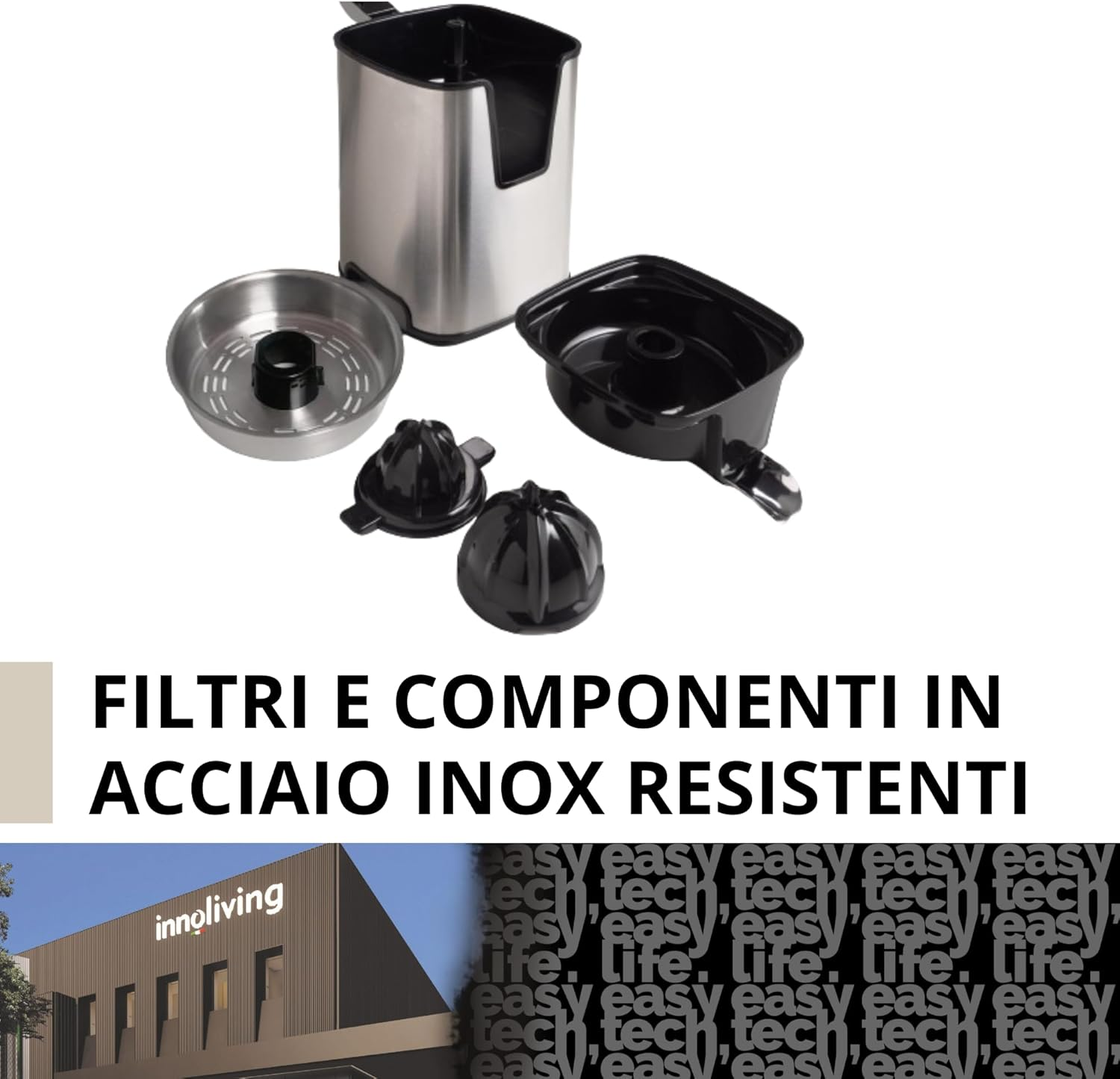 Parti di spremiagrumi in acciaio inossidabile. Parti nere di spremiagrumi su sfondo bianco. Testo: FILTRI E COMPONENTI
