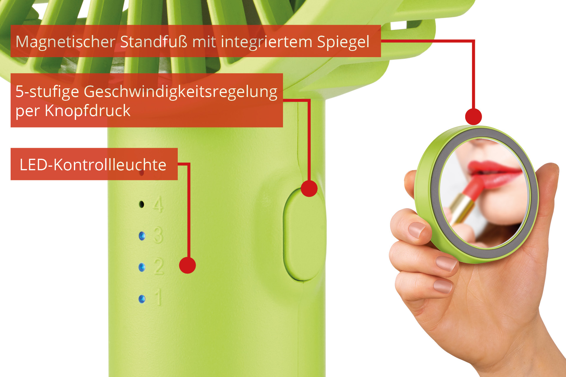 Zielony wentylator z lustrem, trzymany w dłoni. Strzałki wskazują na tekst.