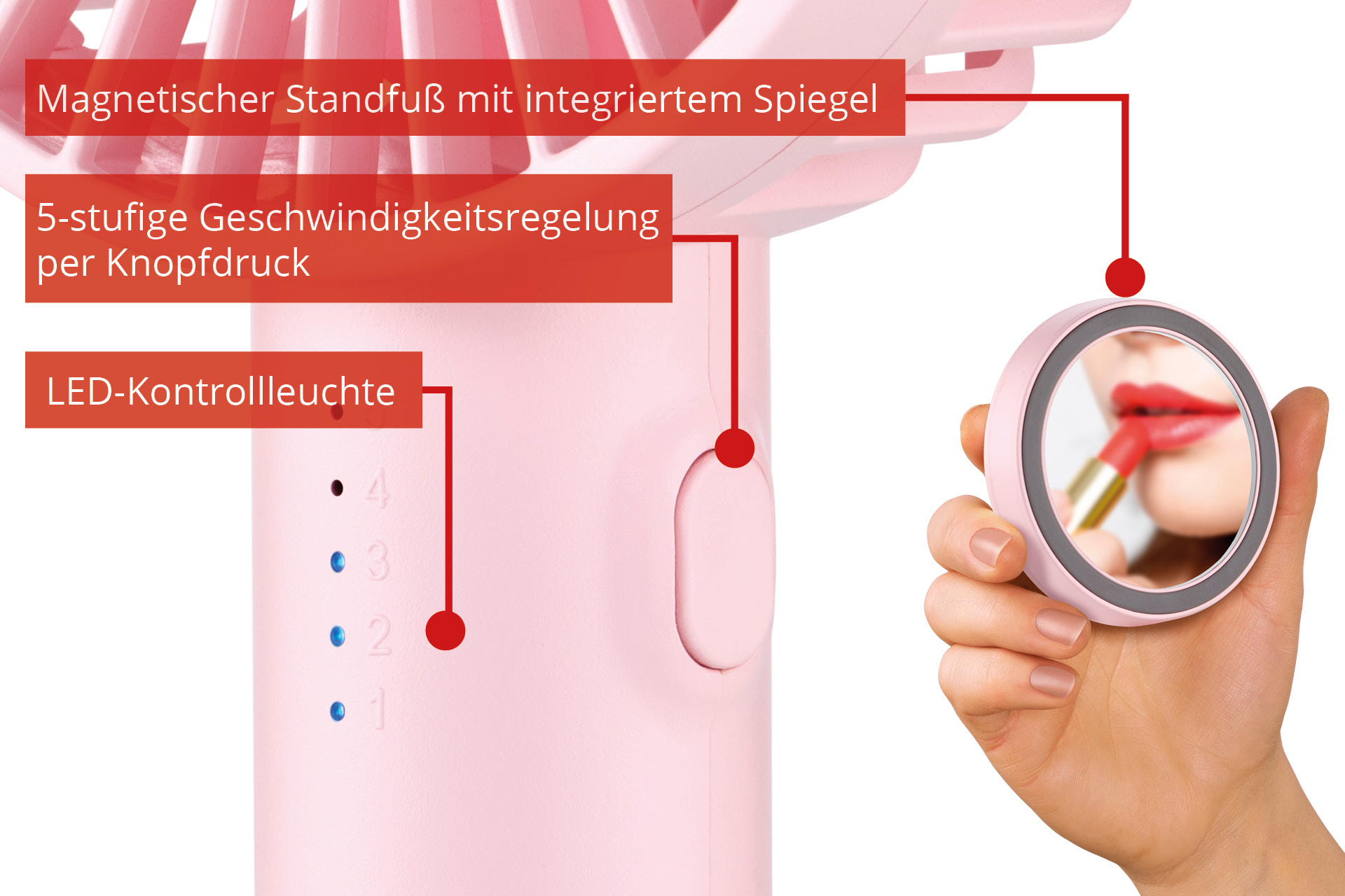Ventilatore rosa con specchio. Mano con specchio, persona applica rossetto.