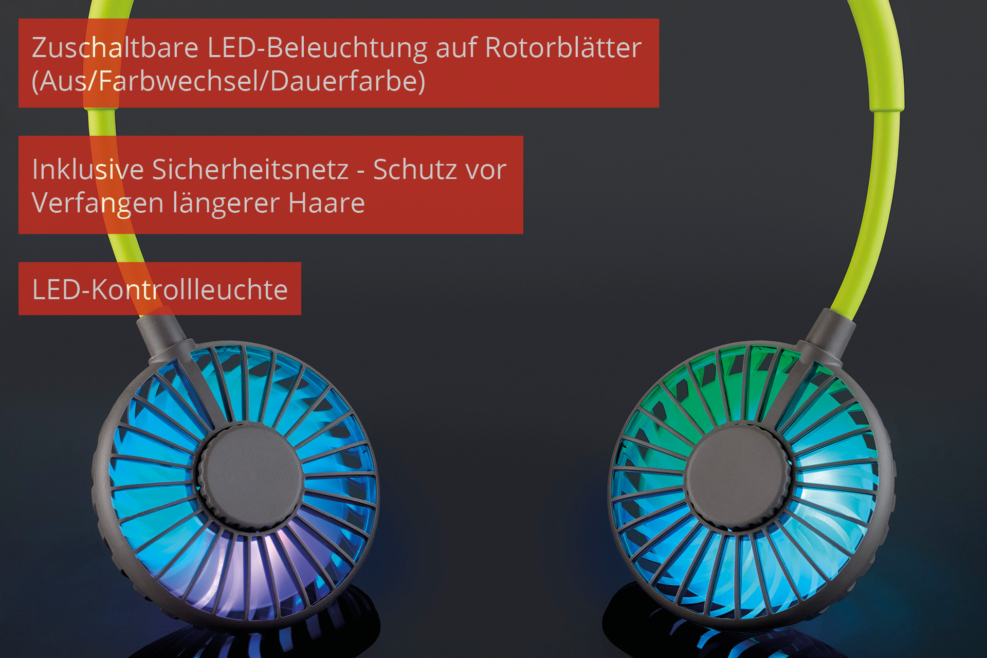 Ein Nackenventilator mit blauen und grünen Flügeln. Der Text erwähnt LED-Beleuchtung und Sicherheitsmerkmale.