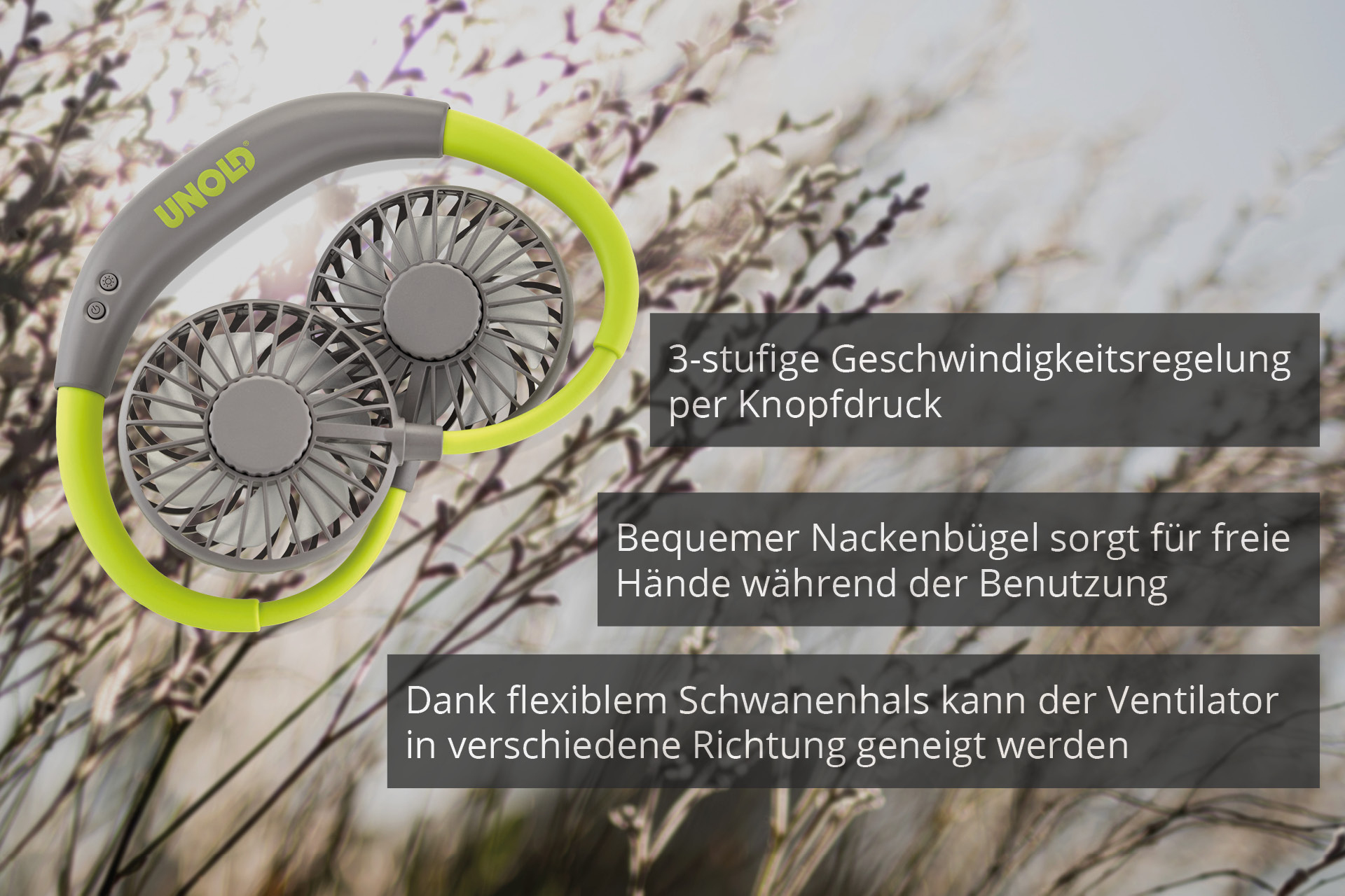 Ein Nackenventilator, grau und gelb, mit zwei Ventilatoren. Text im Bild beschreibt seine Funktionen.