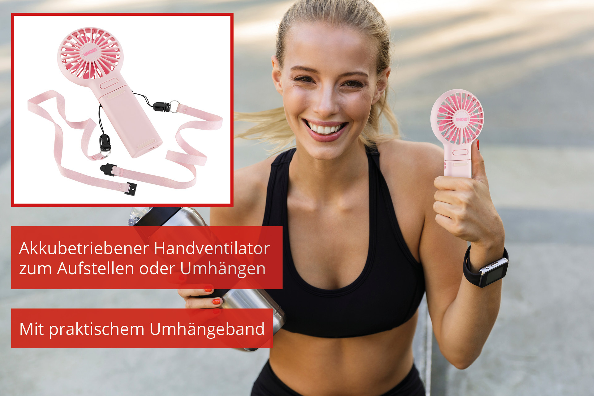 Lächelnde Frau mit pinkfarbenem Handventilator. Text: Akkubetriebener Handventilator.