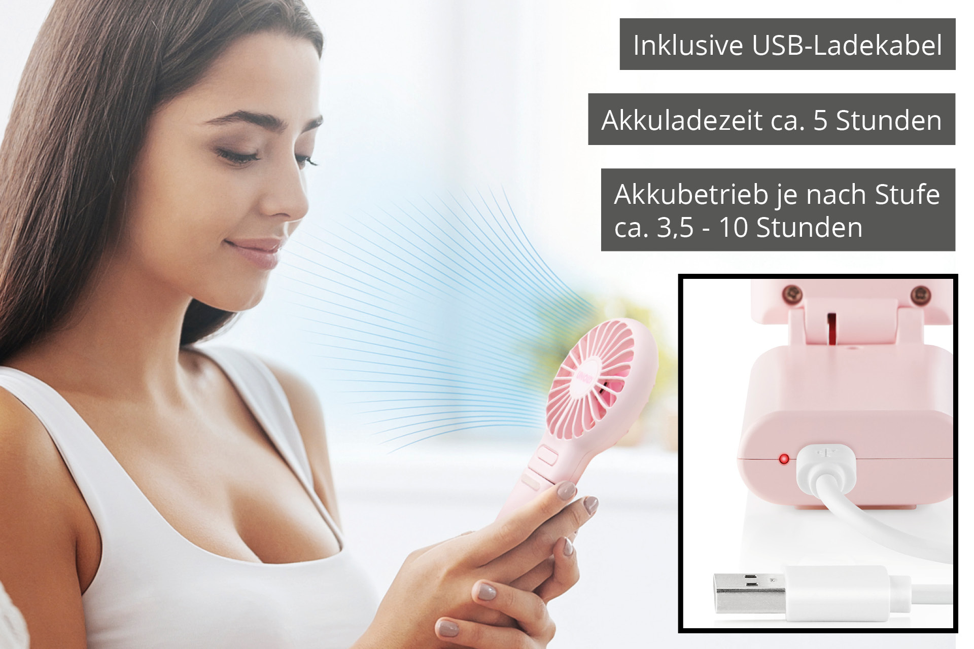 Frau benutzt einen rosa tragbaren Ventilator. Textfeld mit Lüfterinfo und USB-Kabel.