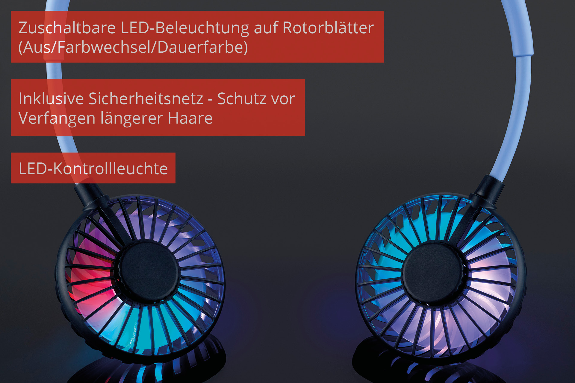 Nackenfächer mit zwei kreisförmigen Lüftern mit bunten Lichtern und blauem Nackenband.