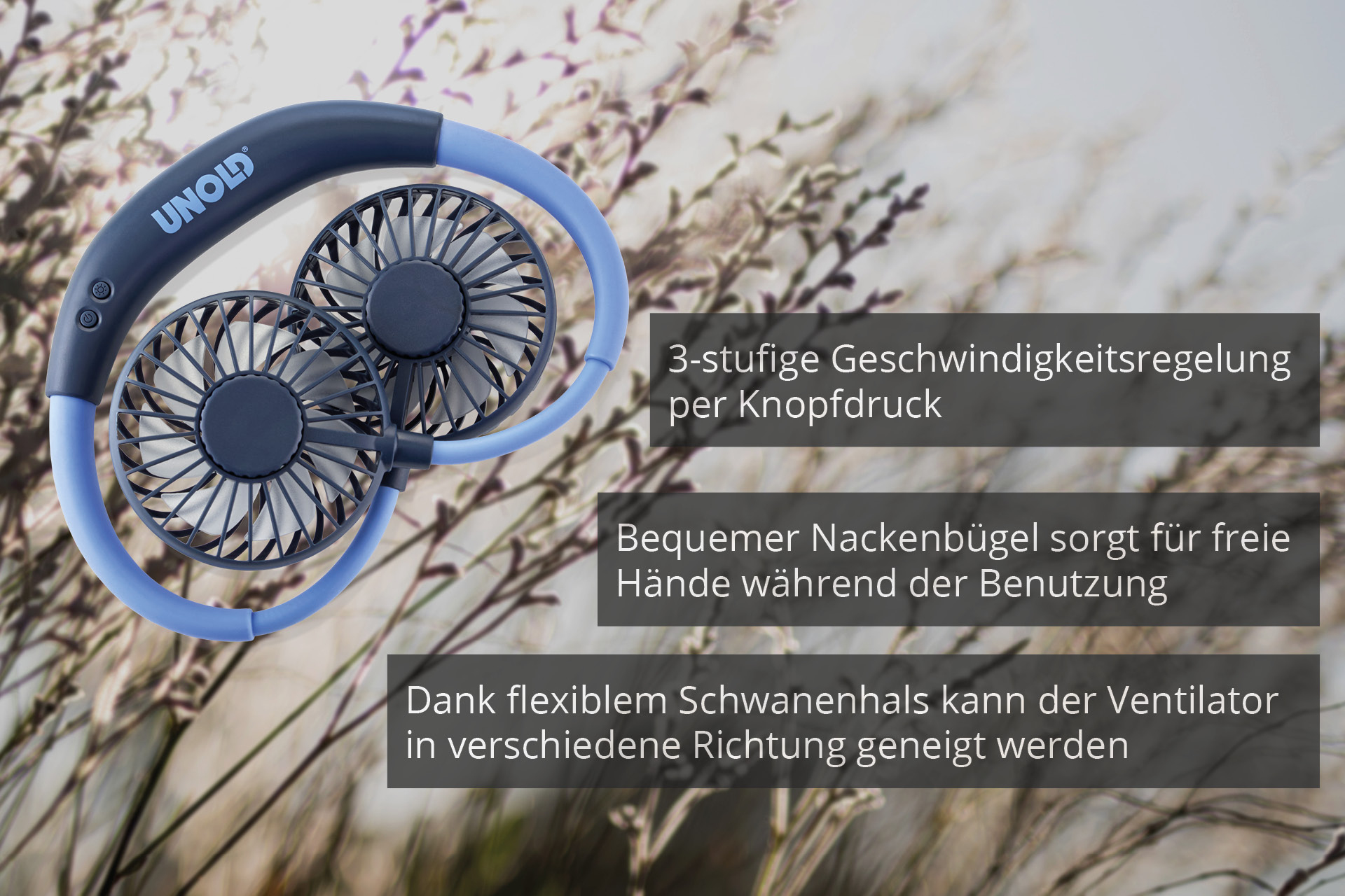 Halsventilator, blau und schwarz. Text beschreibt Geschwindigkeit, Nackenstütze und flexiblen Hals.