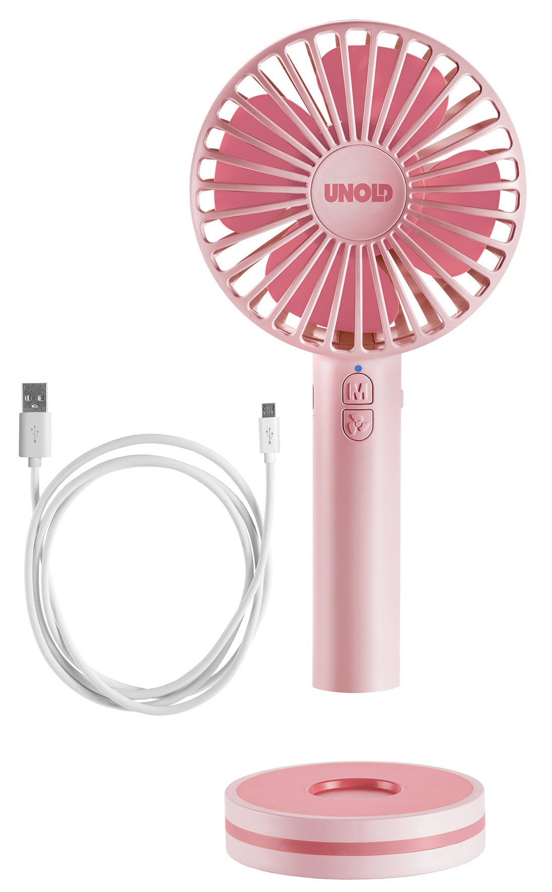 Ein pinkfarbener tragbarer Ventilator mit Ladeständer und Ladekabel auf weißem Hintergrund.