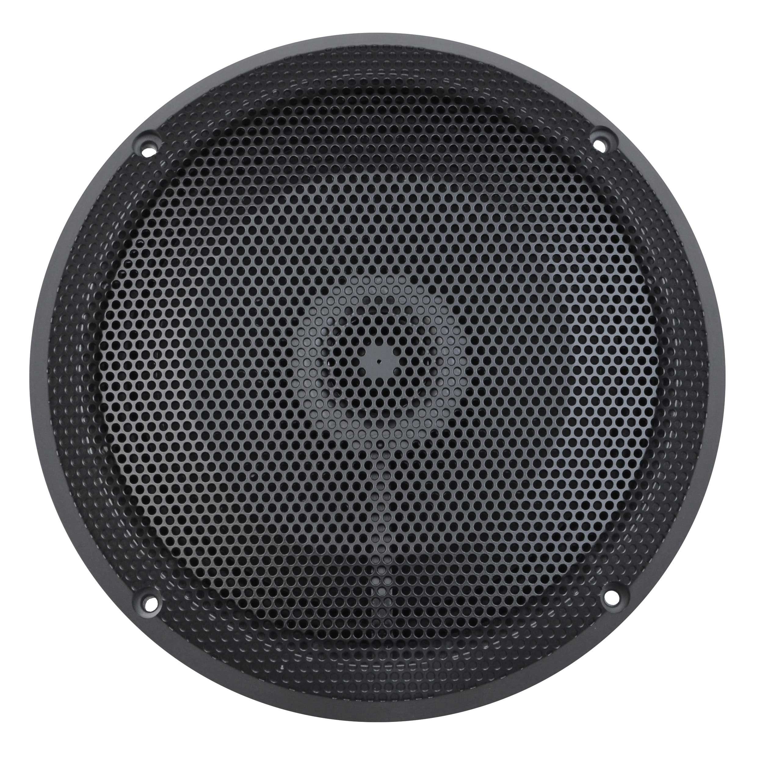 Schwarze Lautsprecherabdeckung mit Mesh-Design und mehreren kleinen Löchern am Rand.