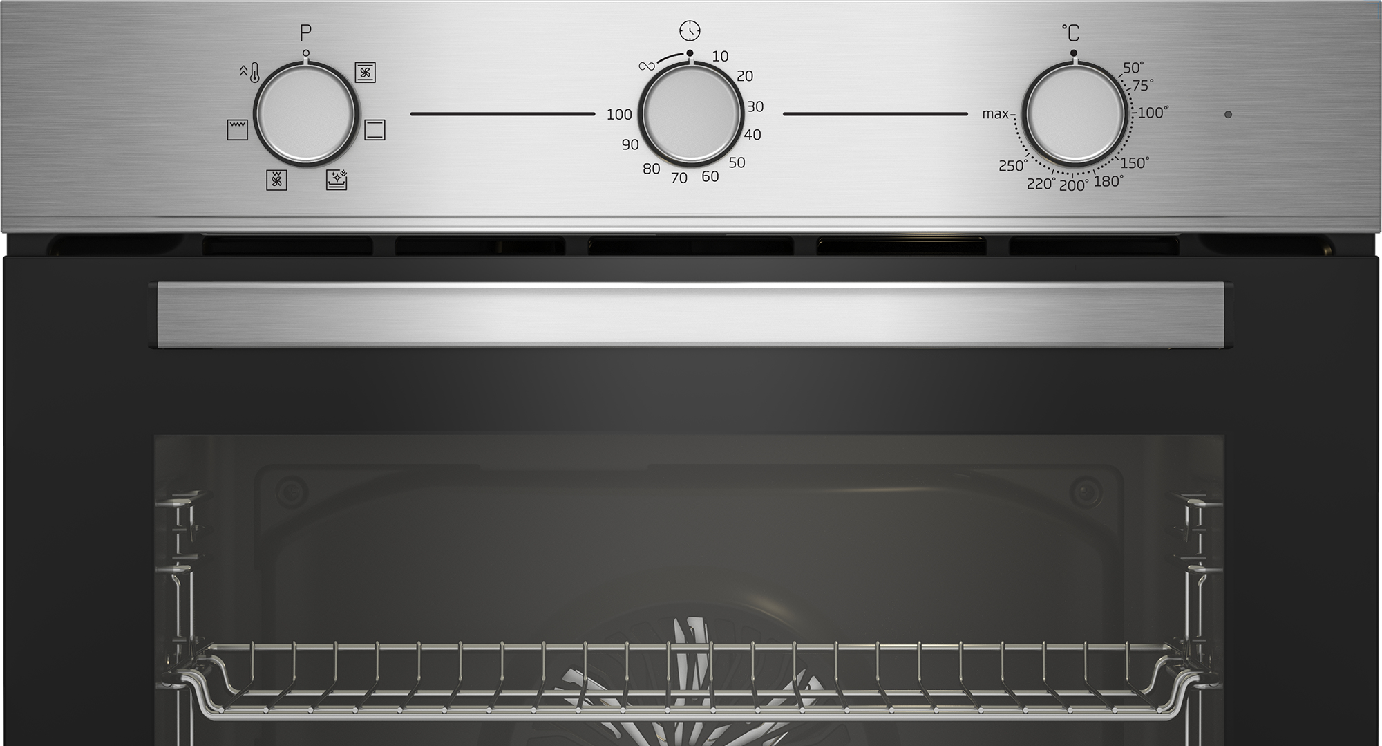 Pannello di controllo del forno con manopole per temperatura, timer e impostazioni.