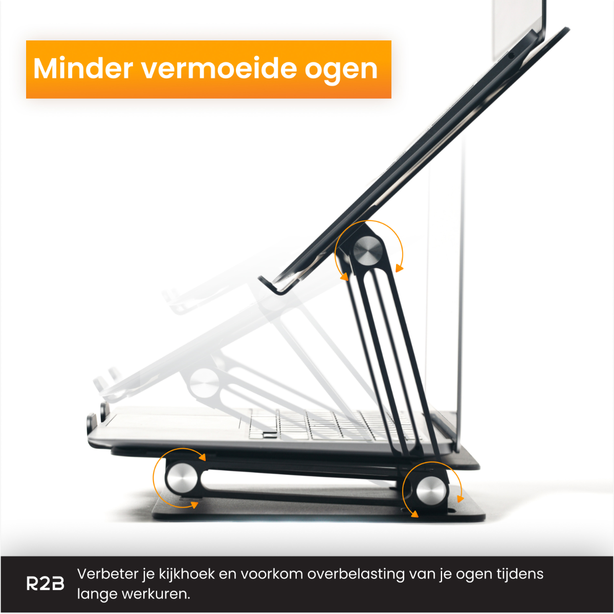 Laptop op een standaard, omhoog gekanteld. De standaard is zwart en de laptop staat iets schuin.