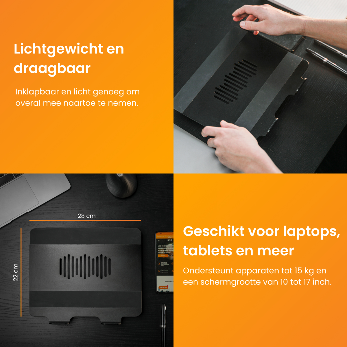Een zwarte laptopstandaard met afmetingen en functies, geschikt voor laptops, tablets en meer.