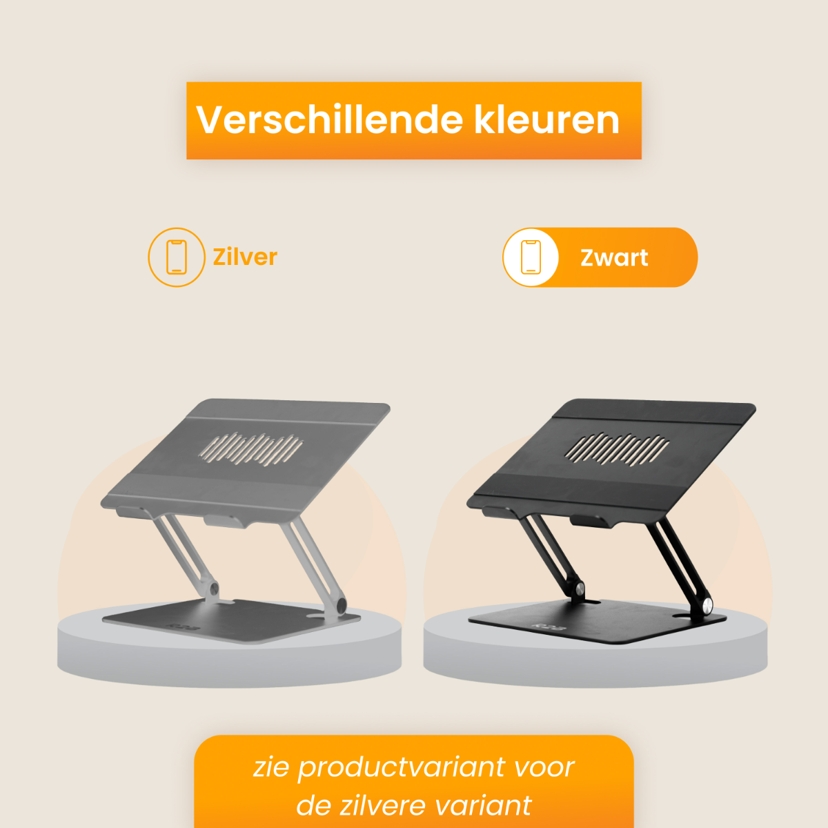 Twee zilveren en zwarte laptopstandaards. Tekst zegt "Verschiedene kleuren" en "Zilver" en "Zwart".