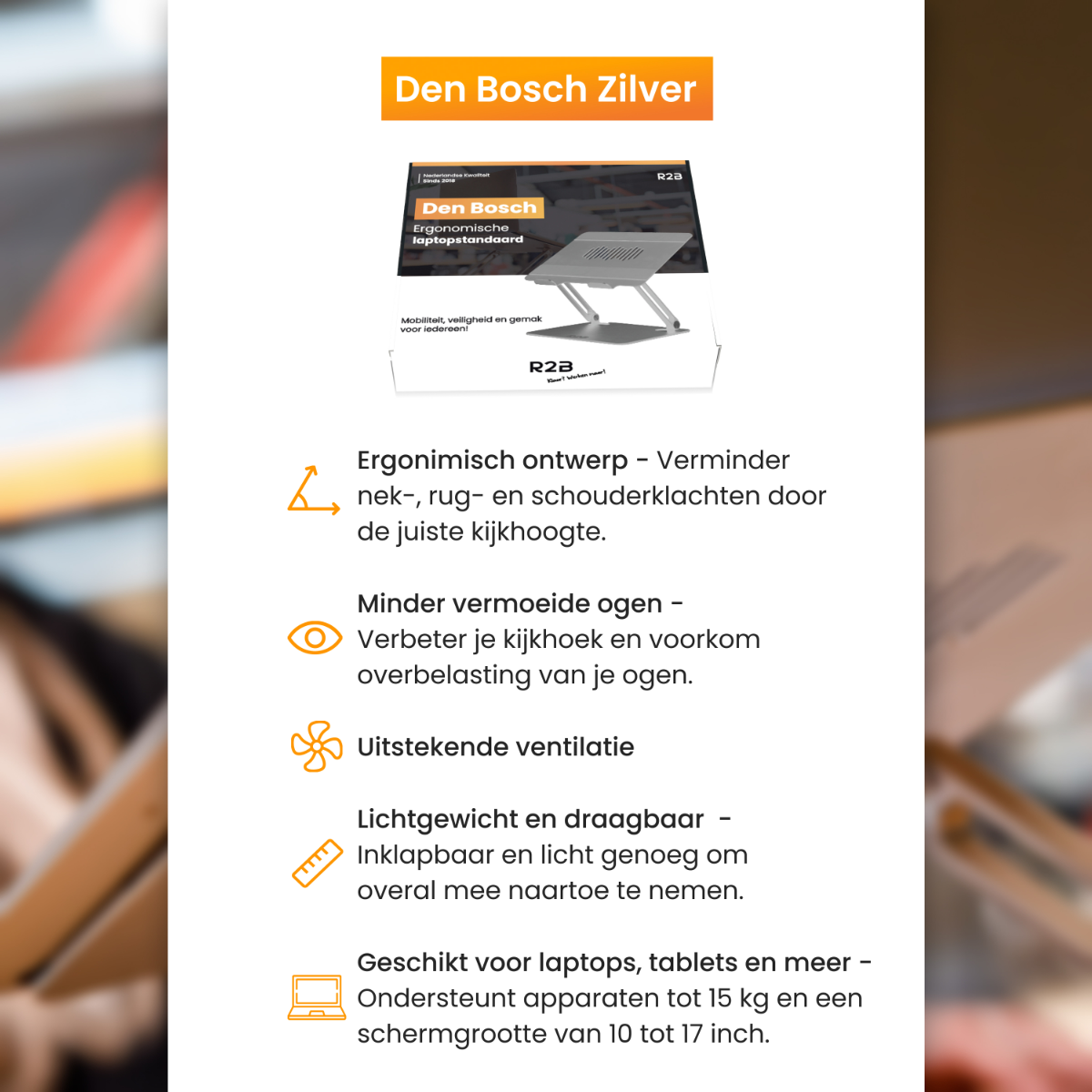 Laptopstandaard op een witte doos. Tekst benadrukt ergonomisch ontwerp.