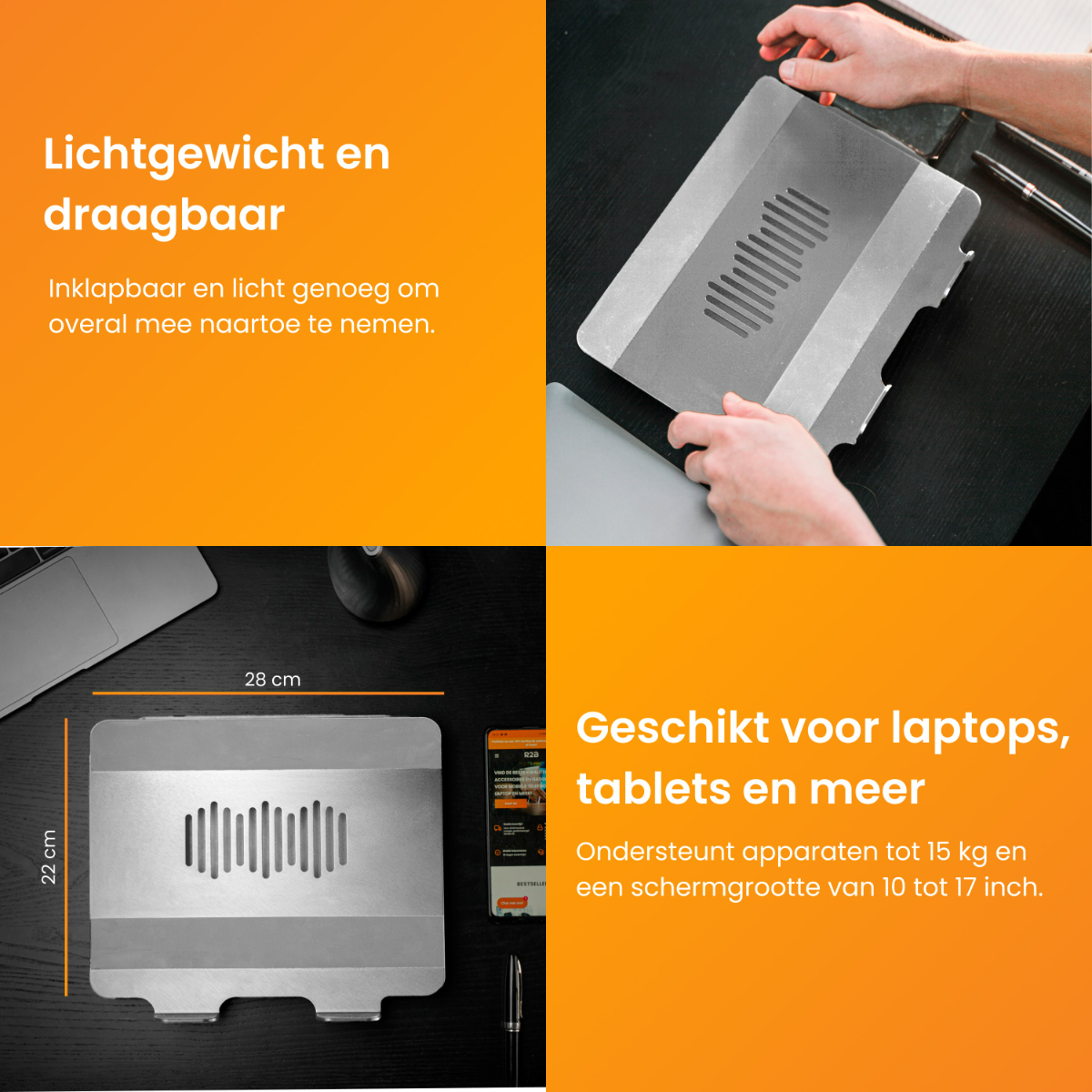 Zilveren laptopstandaard op zwart oppervlak. Tekst: Lichtgewicht en draagbaar. Geschikt voor laptops, tablets en meer.