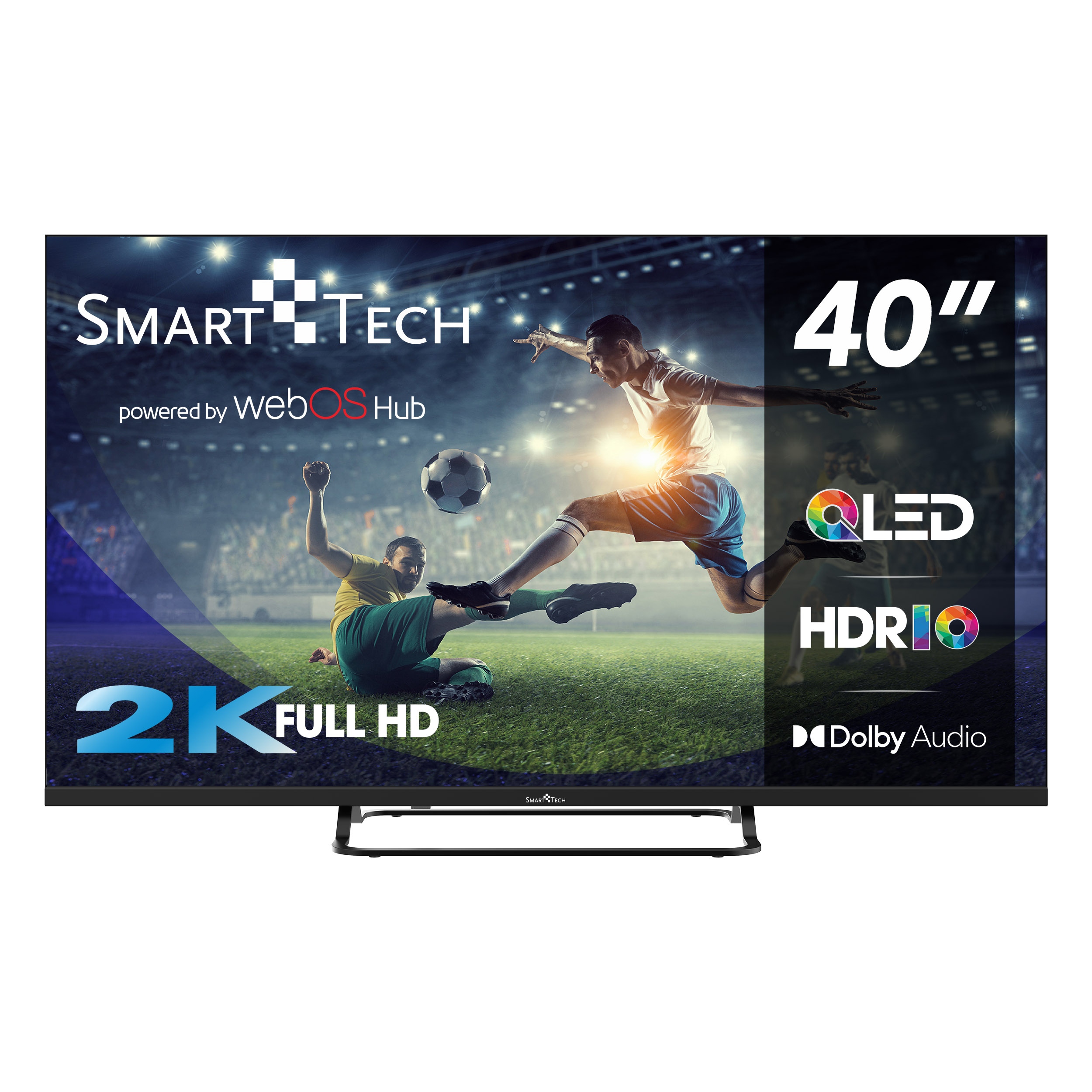 Telewizor Smart Tech 40 cali wyświetlający mecz piłki nożnej, z QLED, HDR10 i Dolby Audio.