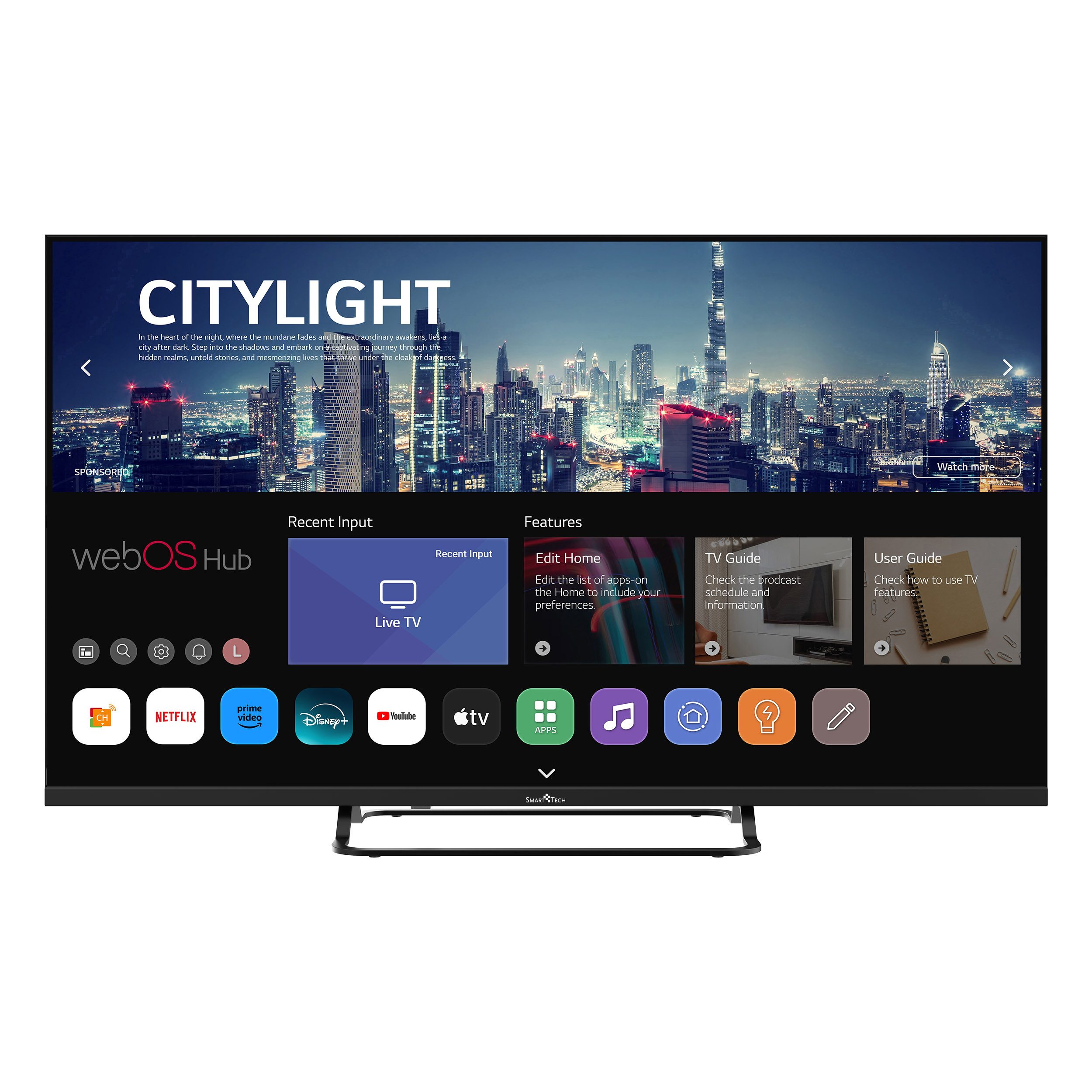 Czarny telewizor wyświetlający panoramę miasta w nocy. Ekran pokazuje interfejs webOS Hub.