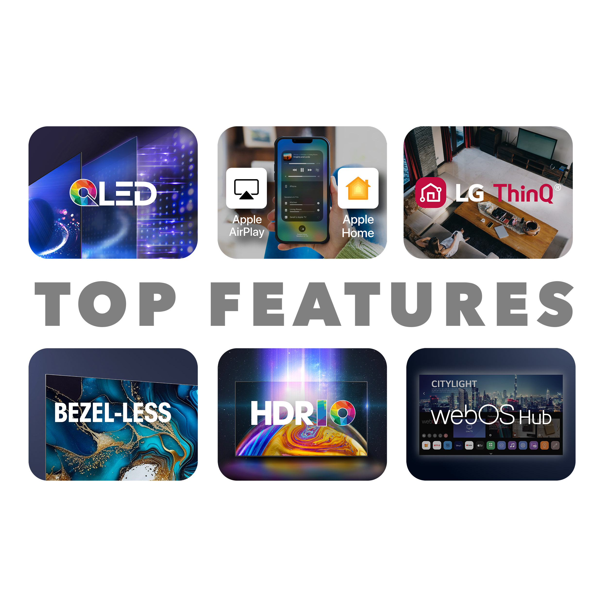 Sześć obrazów z tekstem: QLED, Apple AirPlay, LG ThinQ, Bezel-less, HDR10, WebOS Hub.