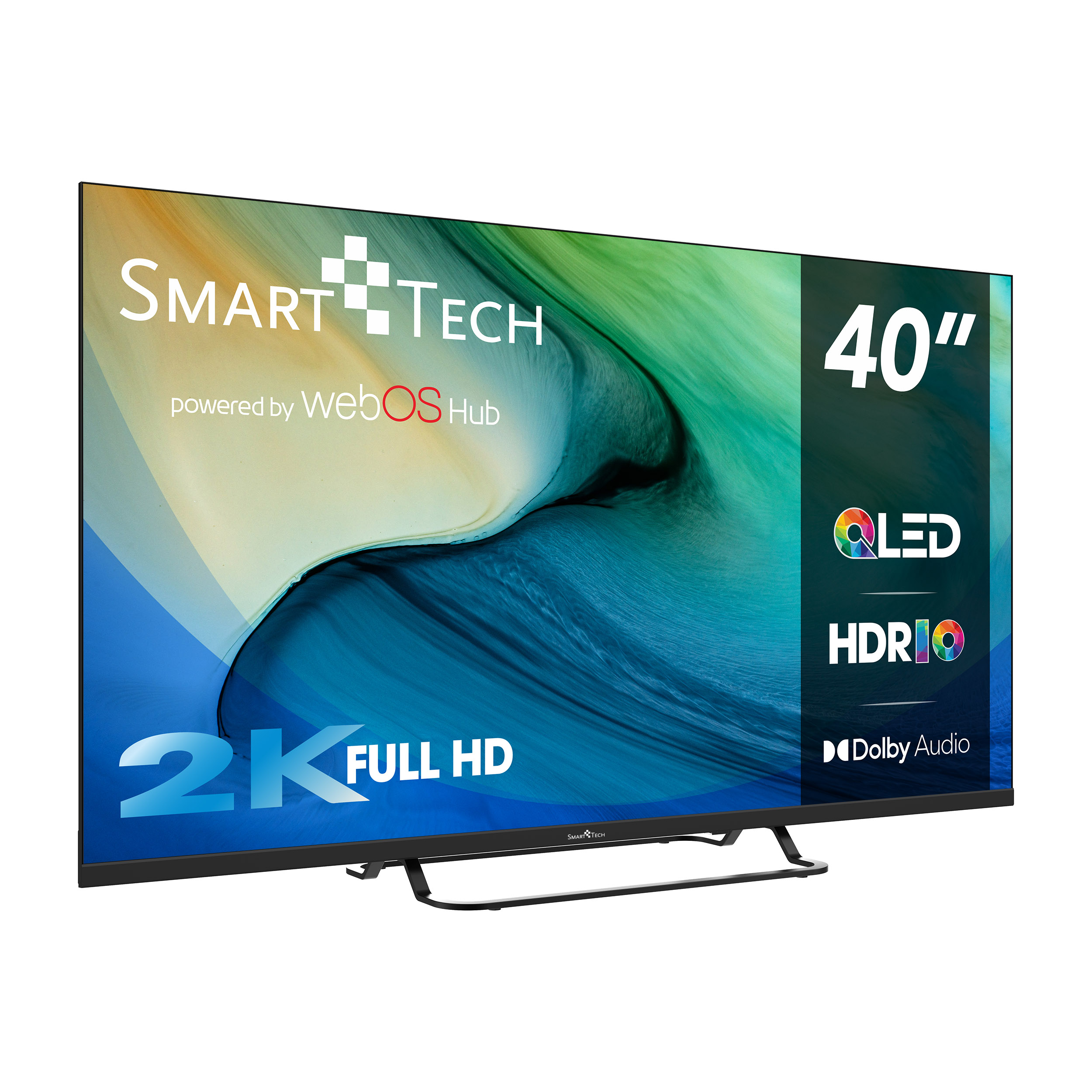 40-calowy telewizor Smart TV z czarną ramką, wyświetlający kolorowy abstrakcyjny obraz, na ekranie różne logo.