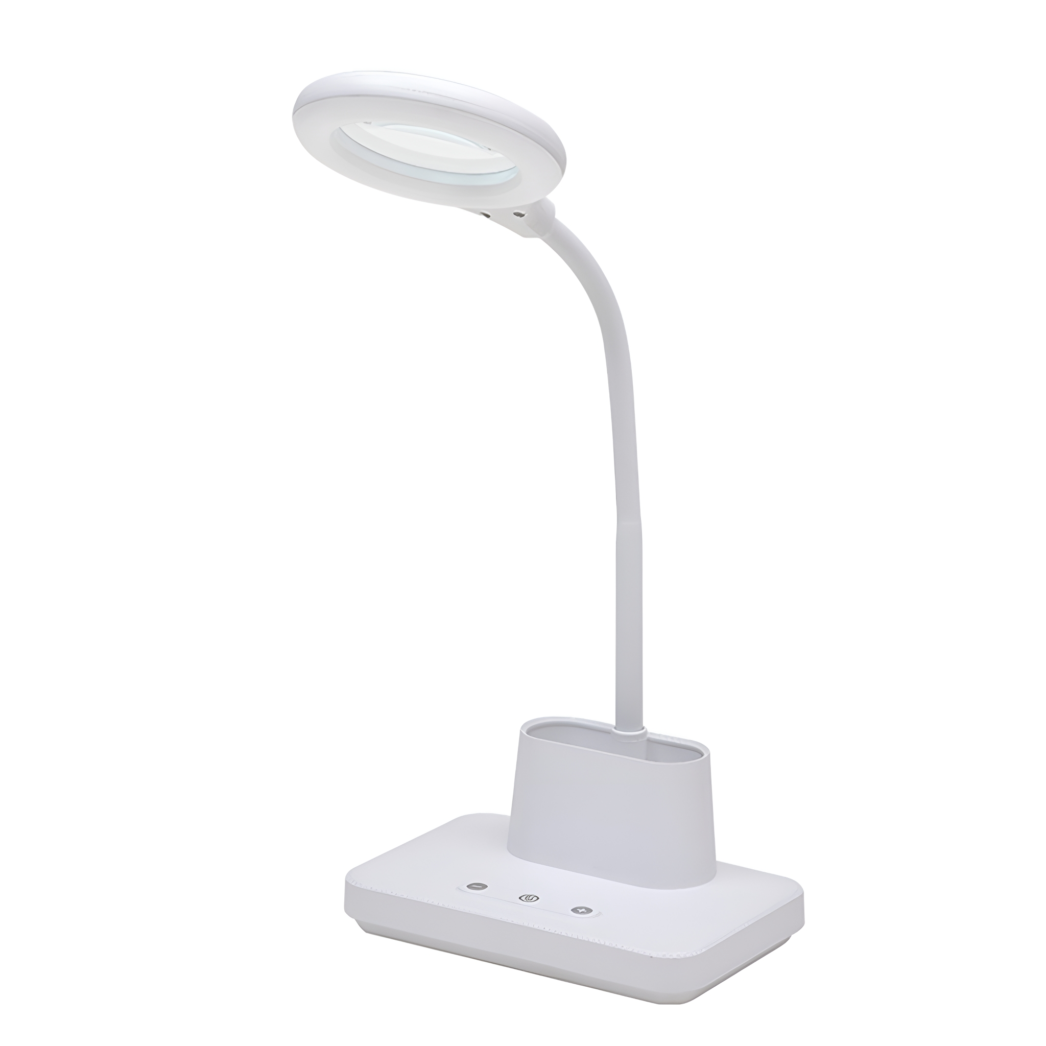 Weiße Schreibtischlampe mit Lupe auf weißer Oberfläche.