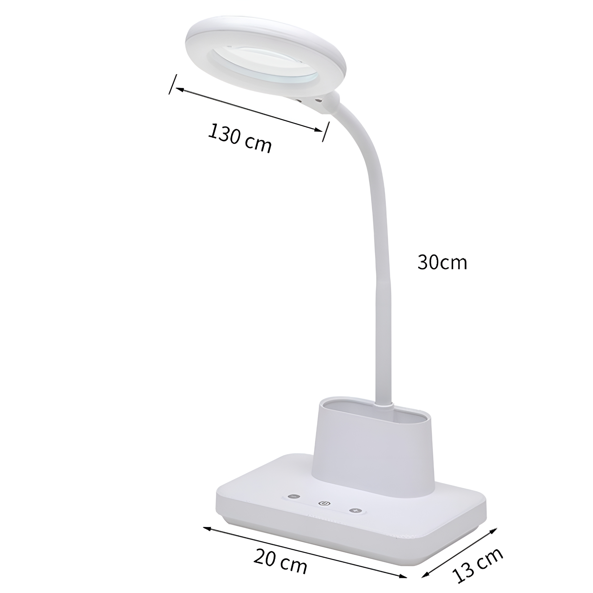 Weiße Schreibtischlampe mit Lupe. Flexibler Arm, auf weißer Basis mit Touch-Bedienelementen.