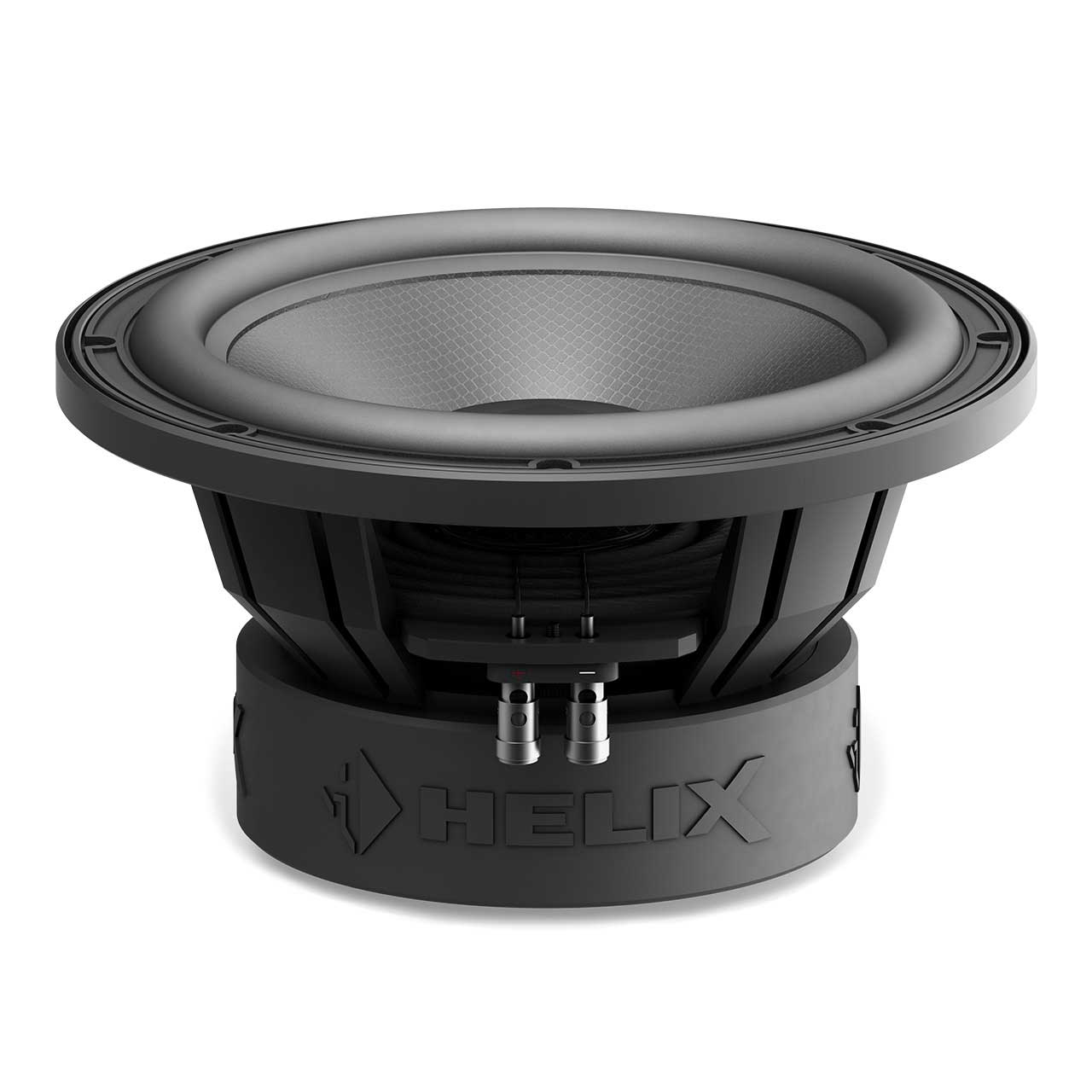 Ein schwarzer Subwoofer mit HELIX-Logo auf der Basis und einem Mesh-Konus, isoliert auf Weiß.