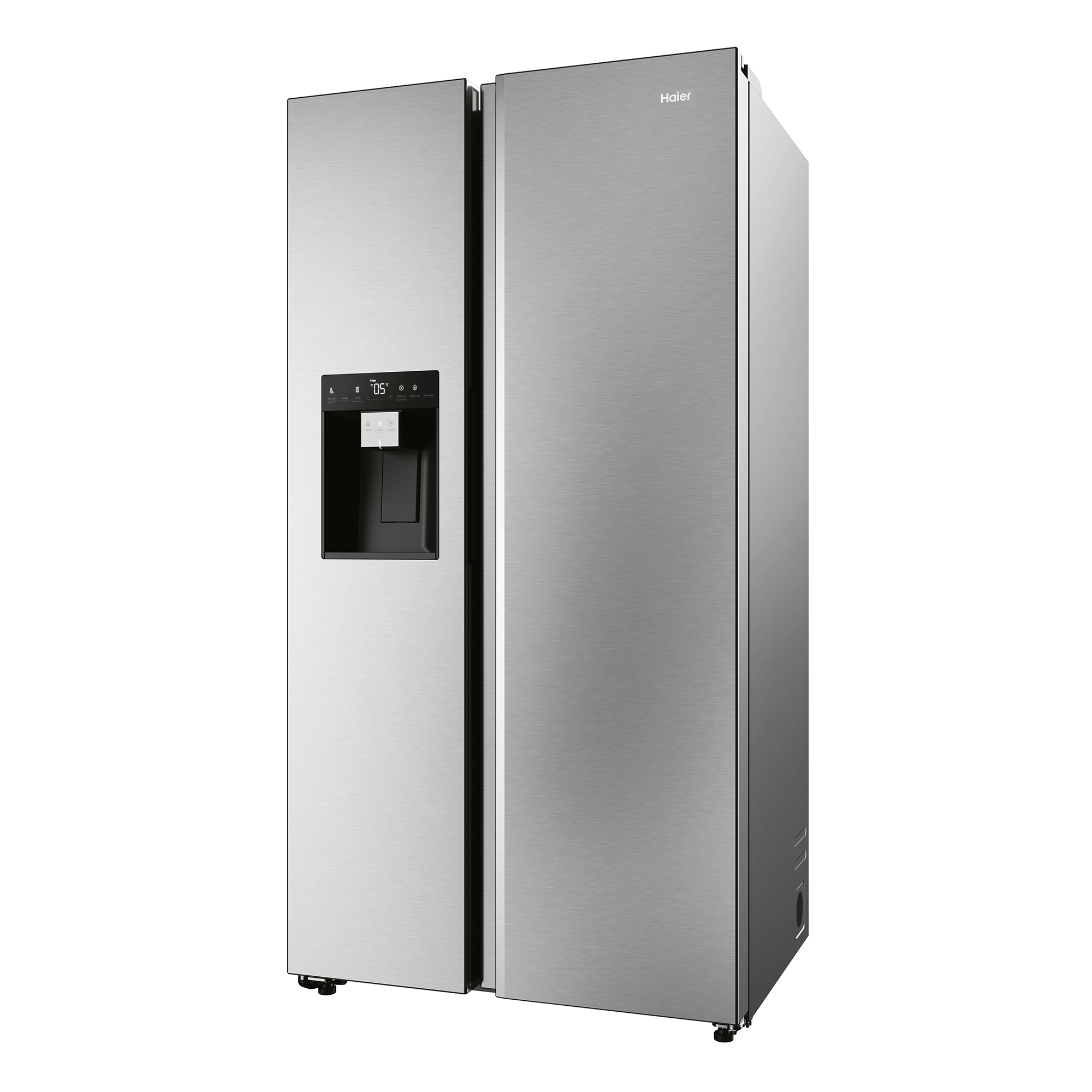 Un refrigerador plateado con dos puertas. El logotipo de Haier es visible en la puerta derecha.