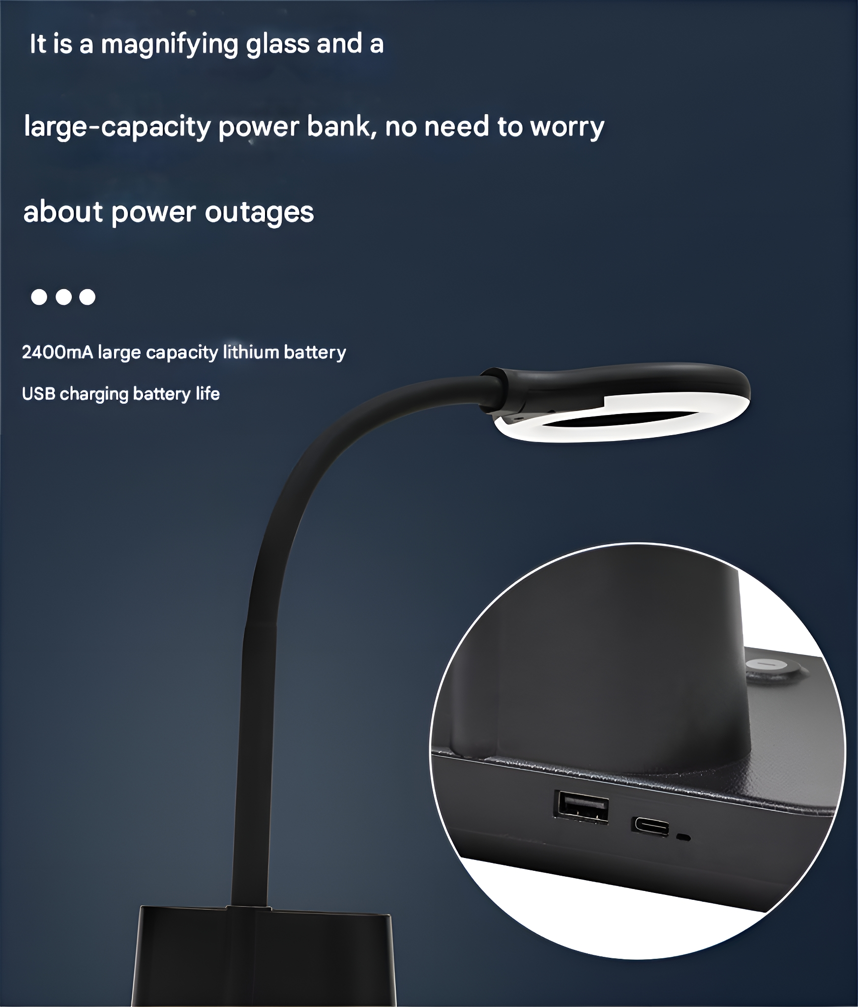 Eine Lampe mit Lupe und USB-Ladeanschluss auf schwarzem Sockel.