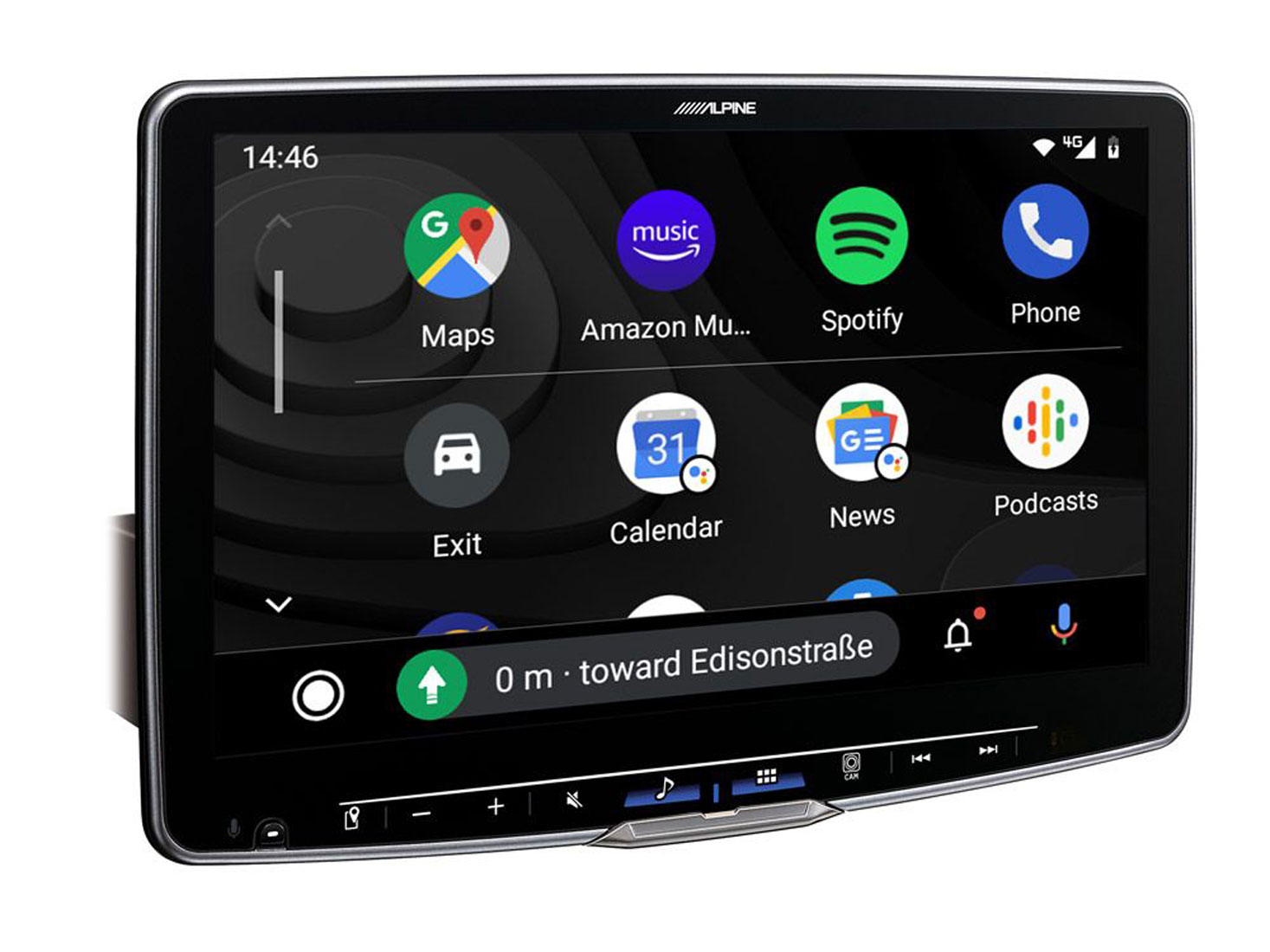 Ein schwarzer Auto-Navigationsbildschirm mit App-Symbolen wie Google Maps und Spotify.