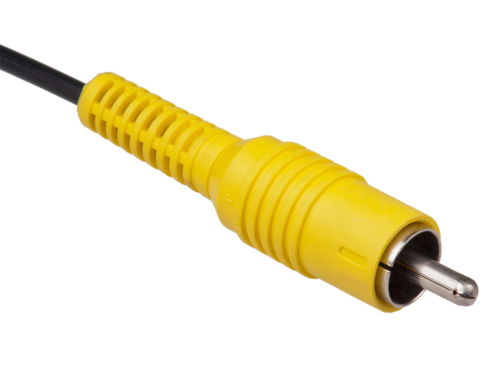 Gelber Cinch-Stecker mit schwarzem Kabel, weißer Hintergrund.