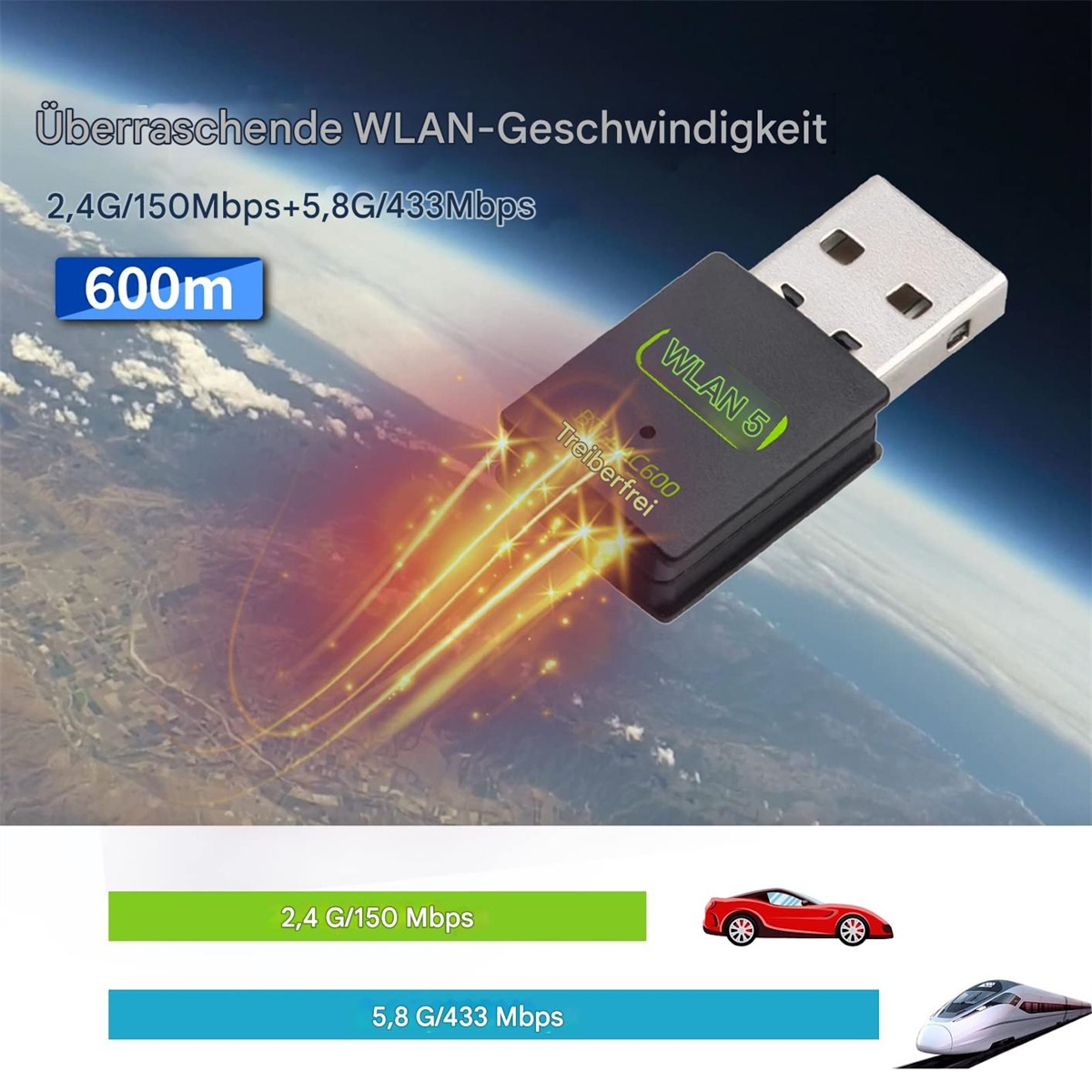 Ein USB-WLAN-Adapter mit schwarzem Gehäuse. Das Bild zeigt einen Weltraumhintergrund mit Text auf Deutsch.