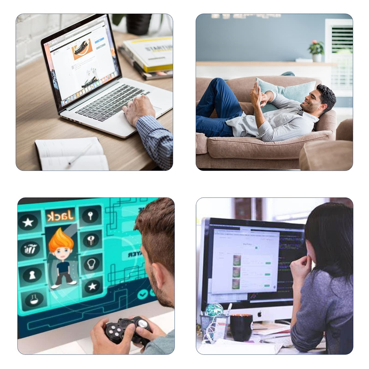 Vier Bilder zeigen eine Person, die an einem Laptop arbeitet, ein Telefon benutzt, spielt und codiert.