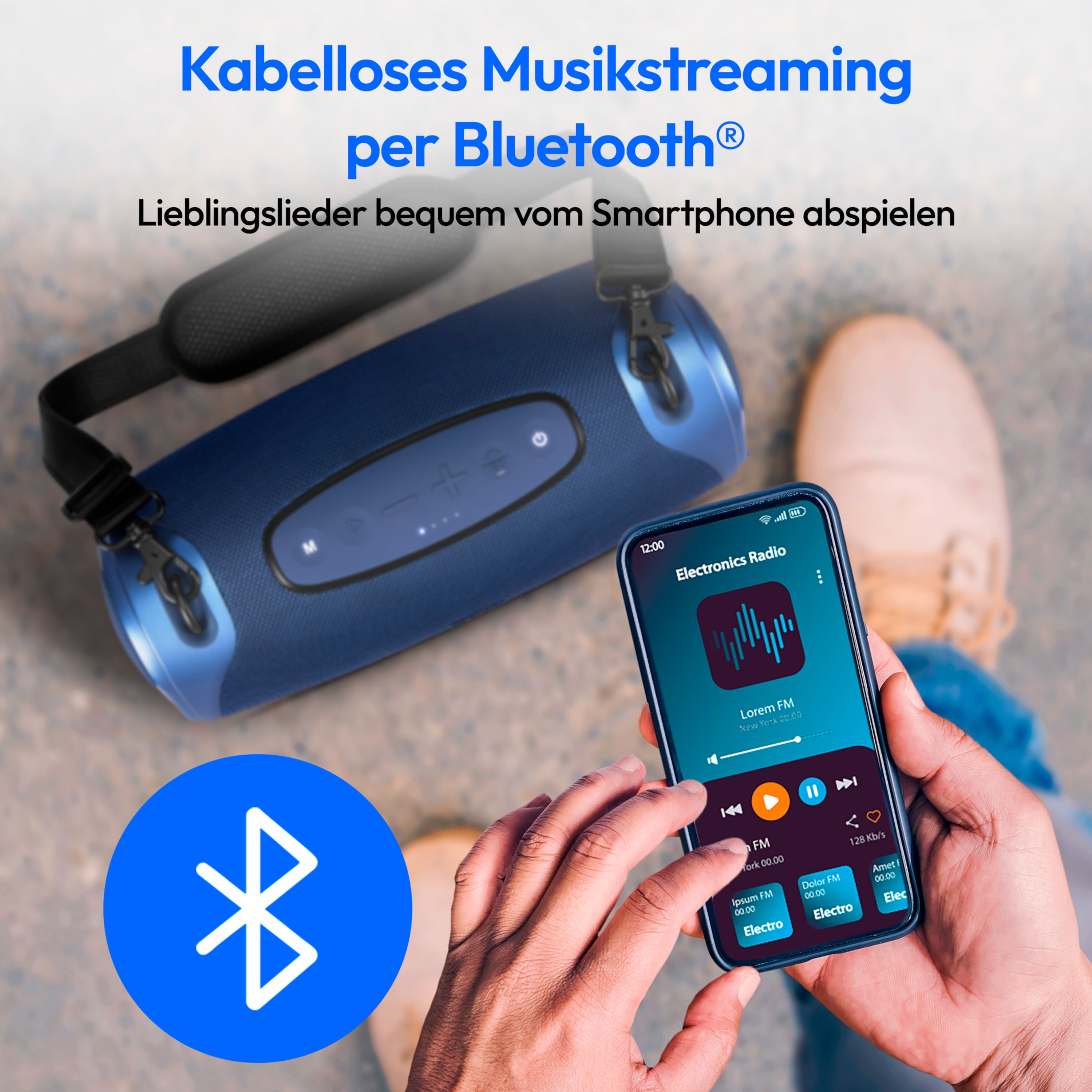 Een persoon die een smartphone gebruikt om naar muziek te luisteren via Bluetooth, naast een blauwe luidspreker.