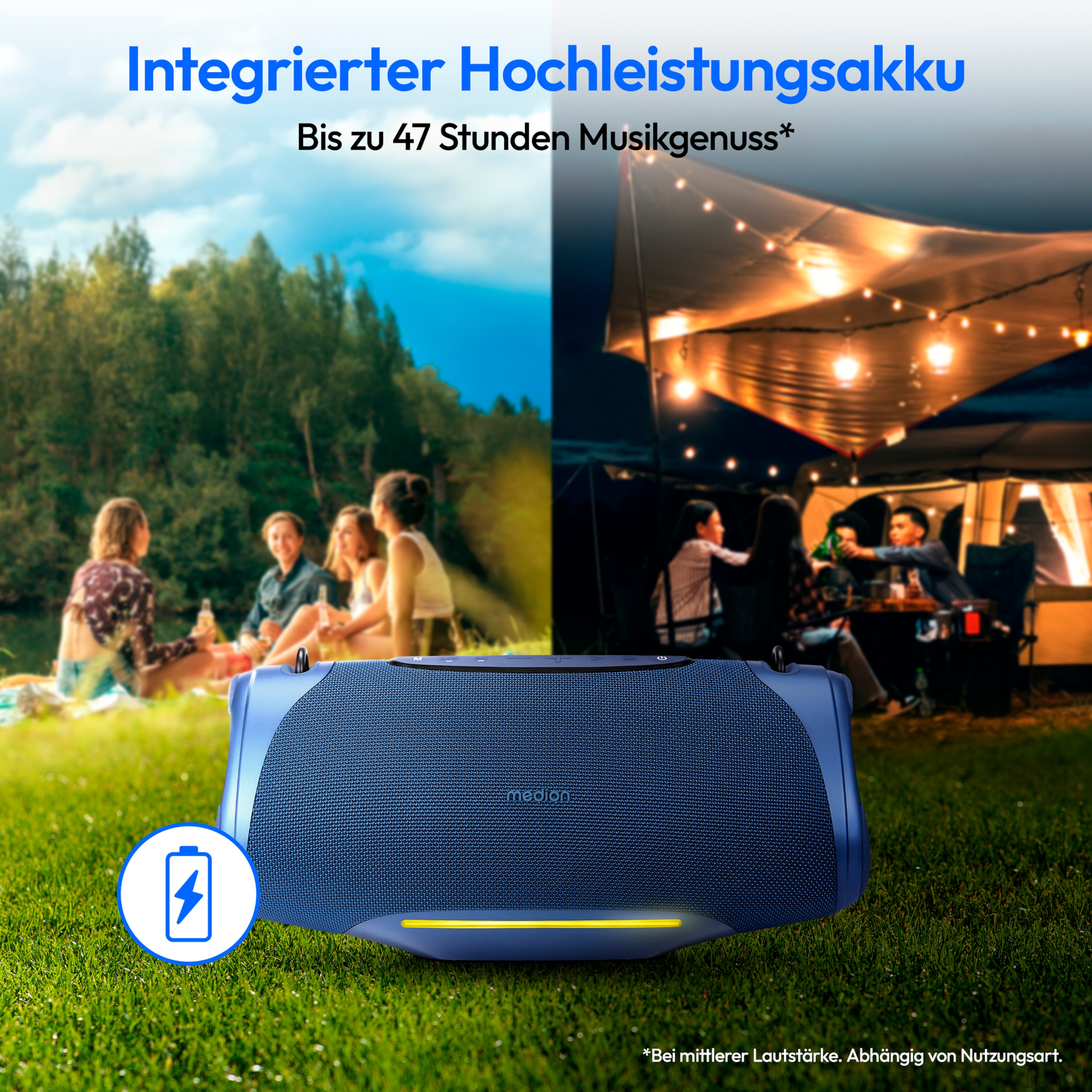 Een blauwe speaker in een veld. Er staan mensen op de achtergrond. Er is een batterij-icoon.