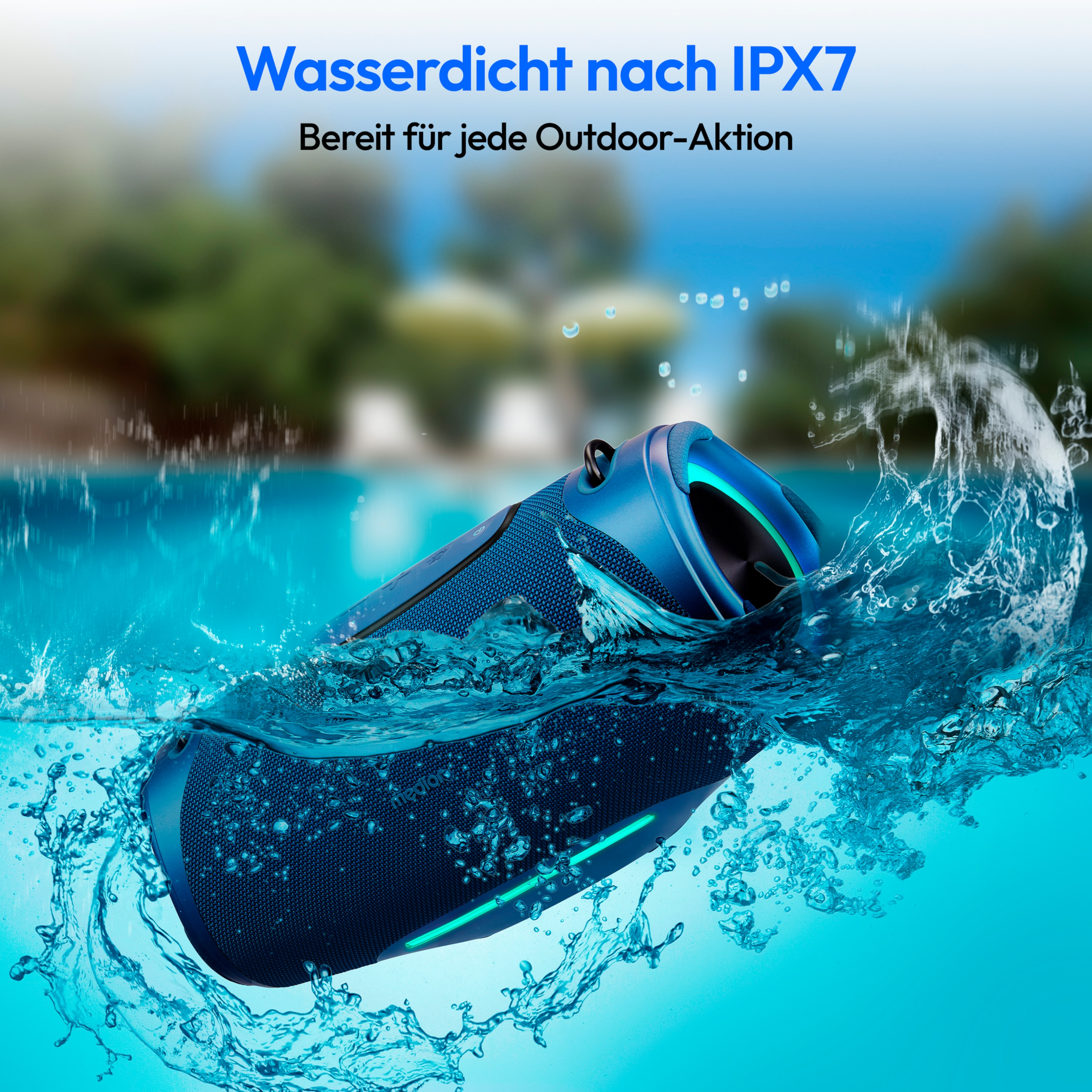 Een blauwe, cilindervormige luidspreker in water, met blauwe waterspetters. De achtergrond is een blauw-witte gradiënt.