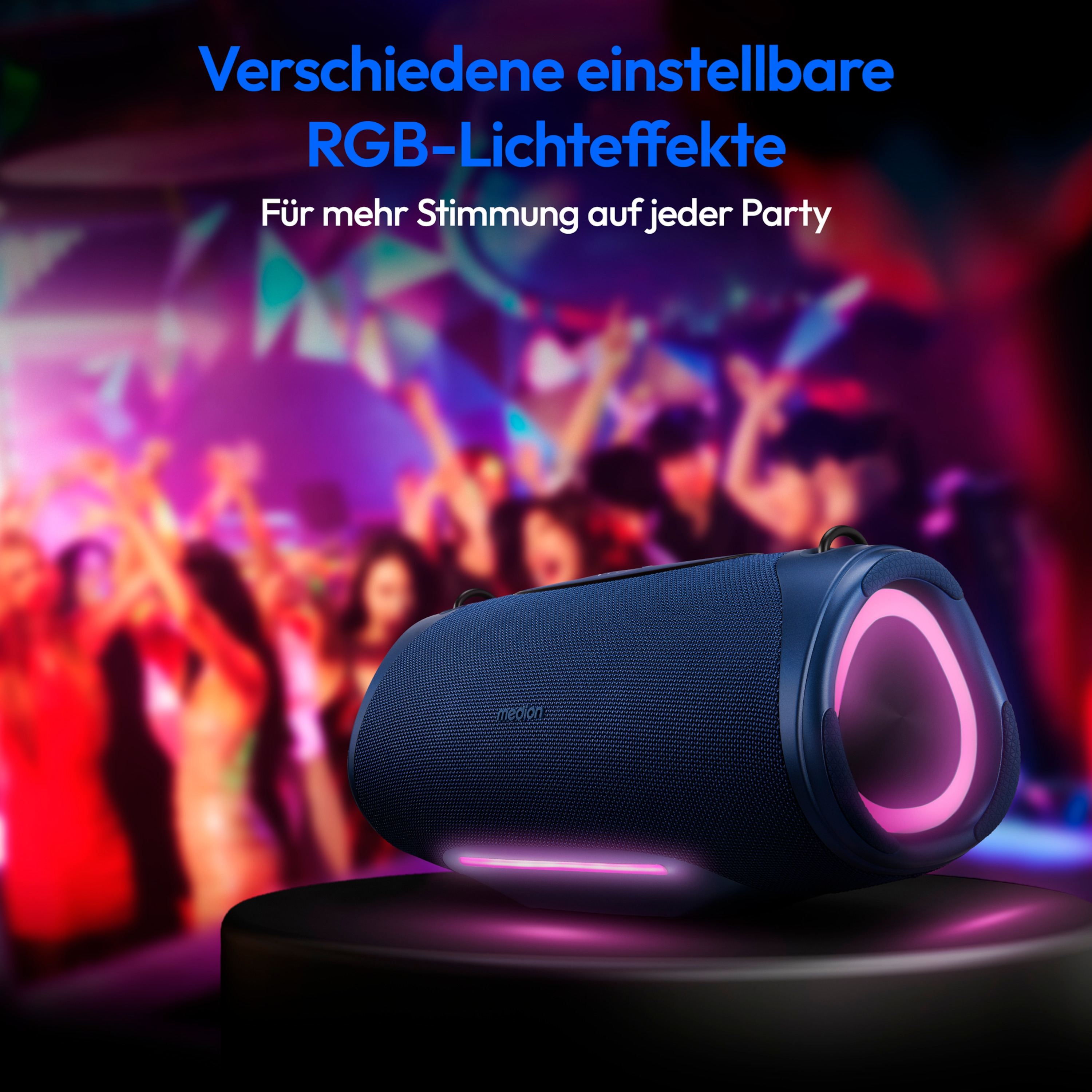 Blauwe luidspreker met roze verlichting, tekst over aanpasbare RGB-verlichting voor een feeststemming.