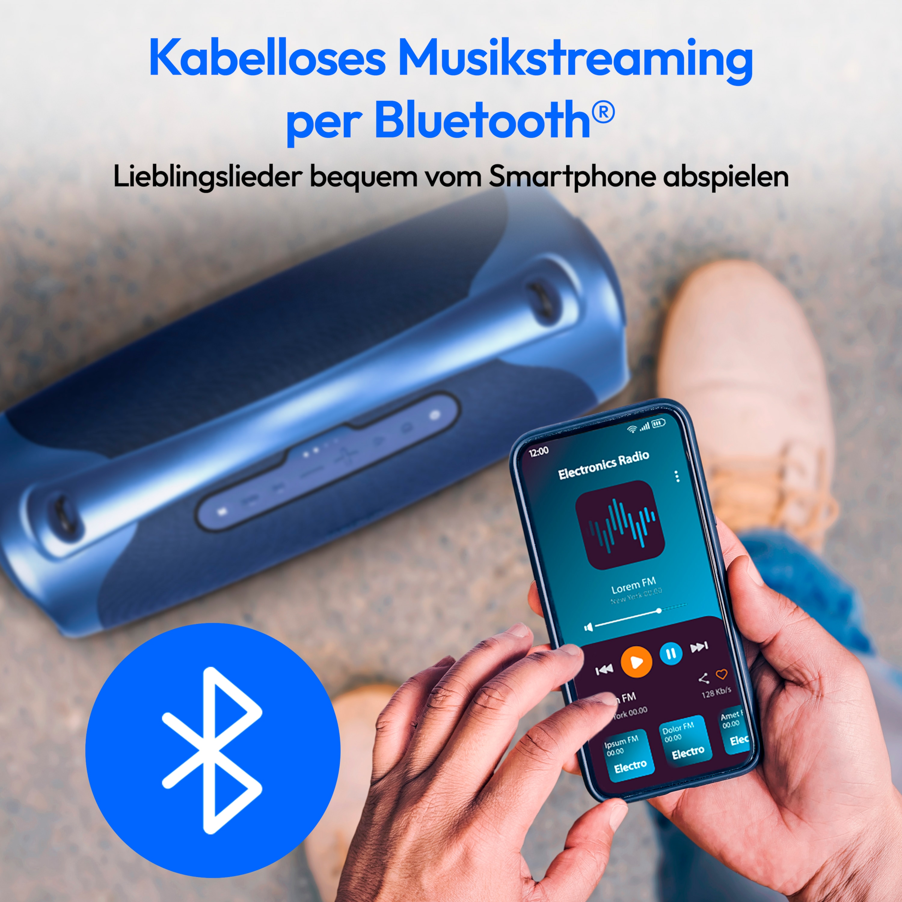 Smartphone met muziek-app, een luidspreker en Duitse tekst over Bluetooth.
