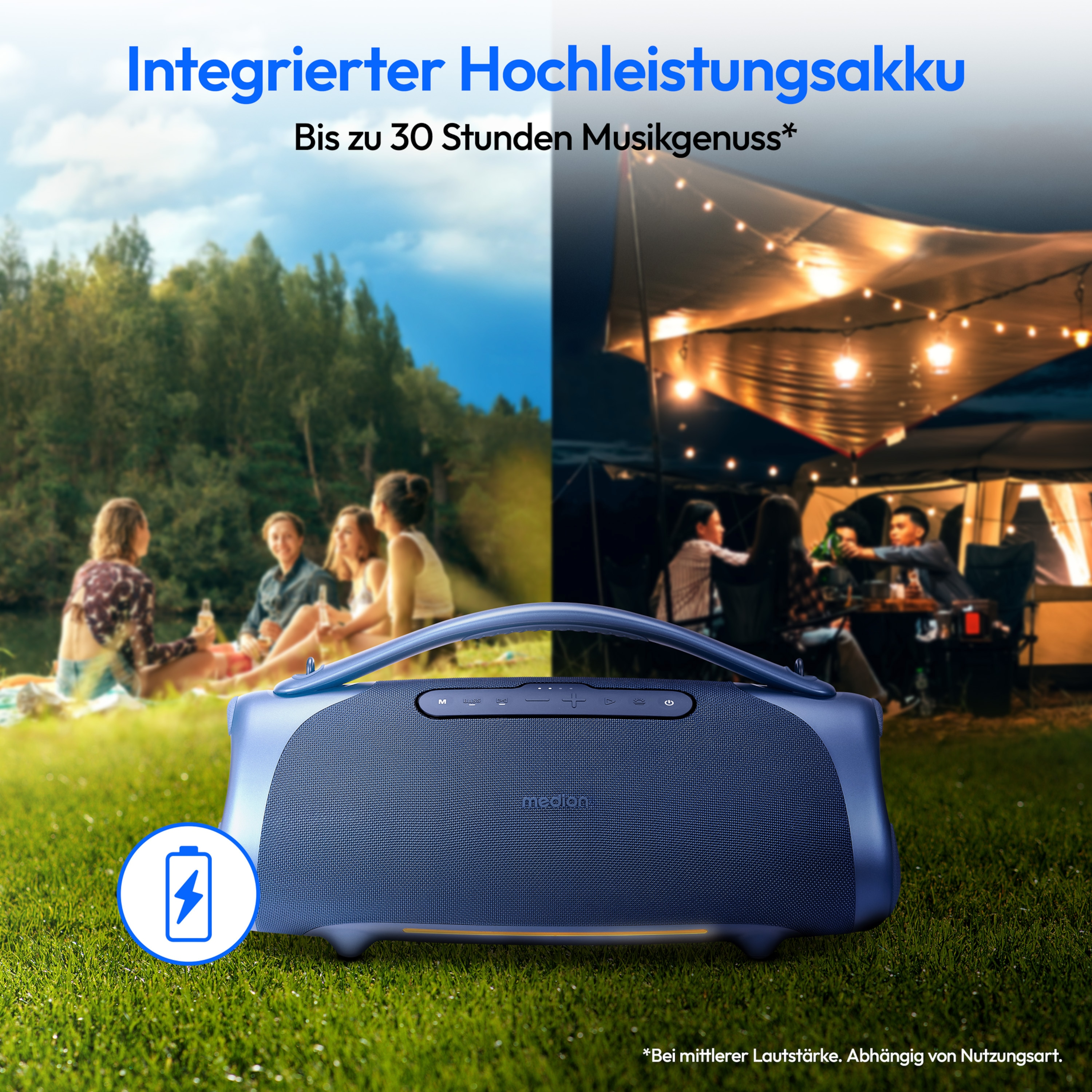 Blauwe speaker op gras, mensen ontspannen, en een kampeerscène, duidt op muziekplezier.