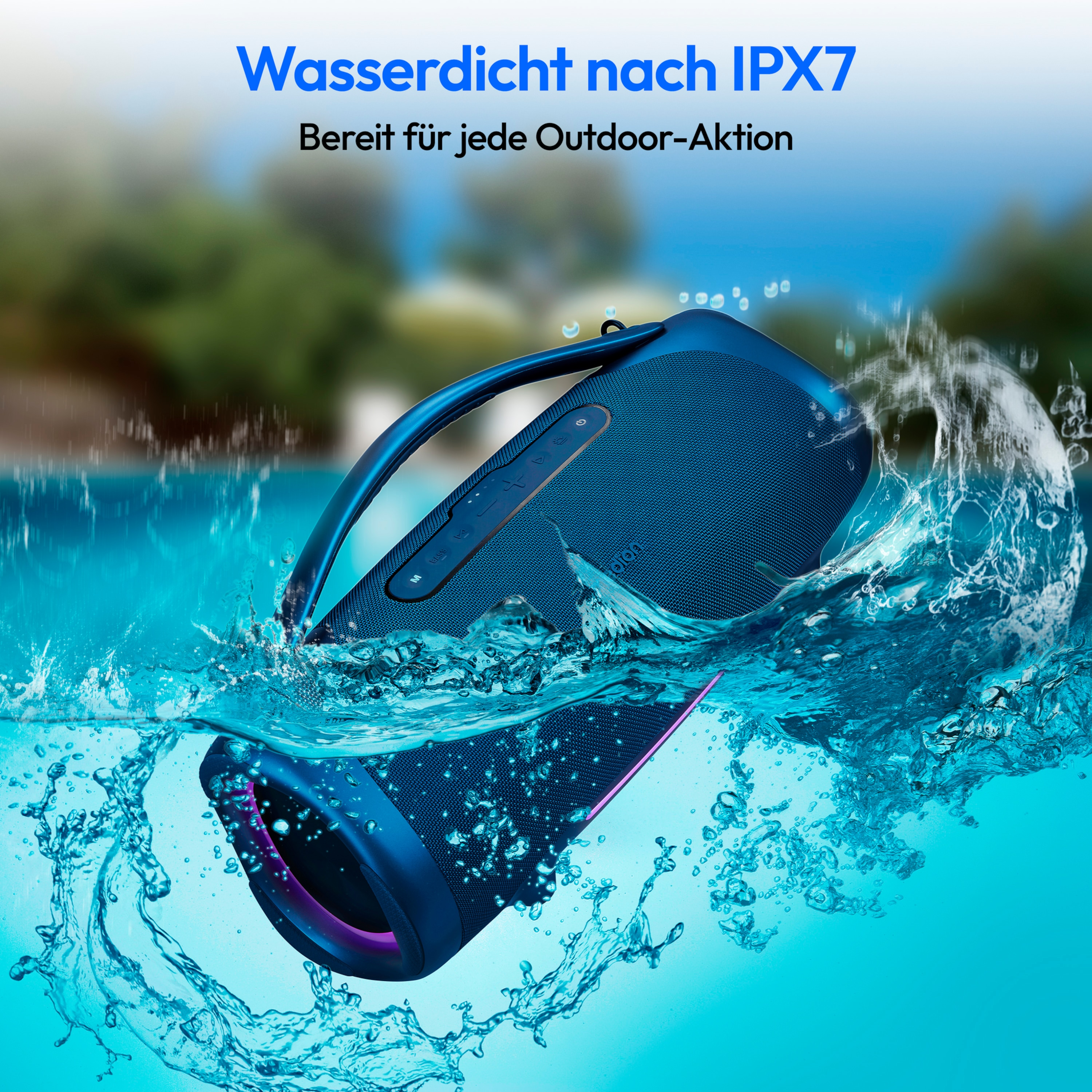 Een blauwe luidspreker ondergedompeld in water, water spettert eromheen. Tekst: Waterdicht tot IPX7. Klaar voor buiten.