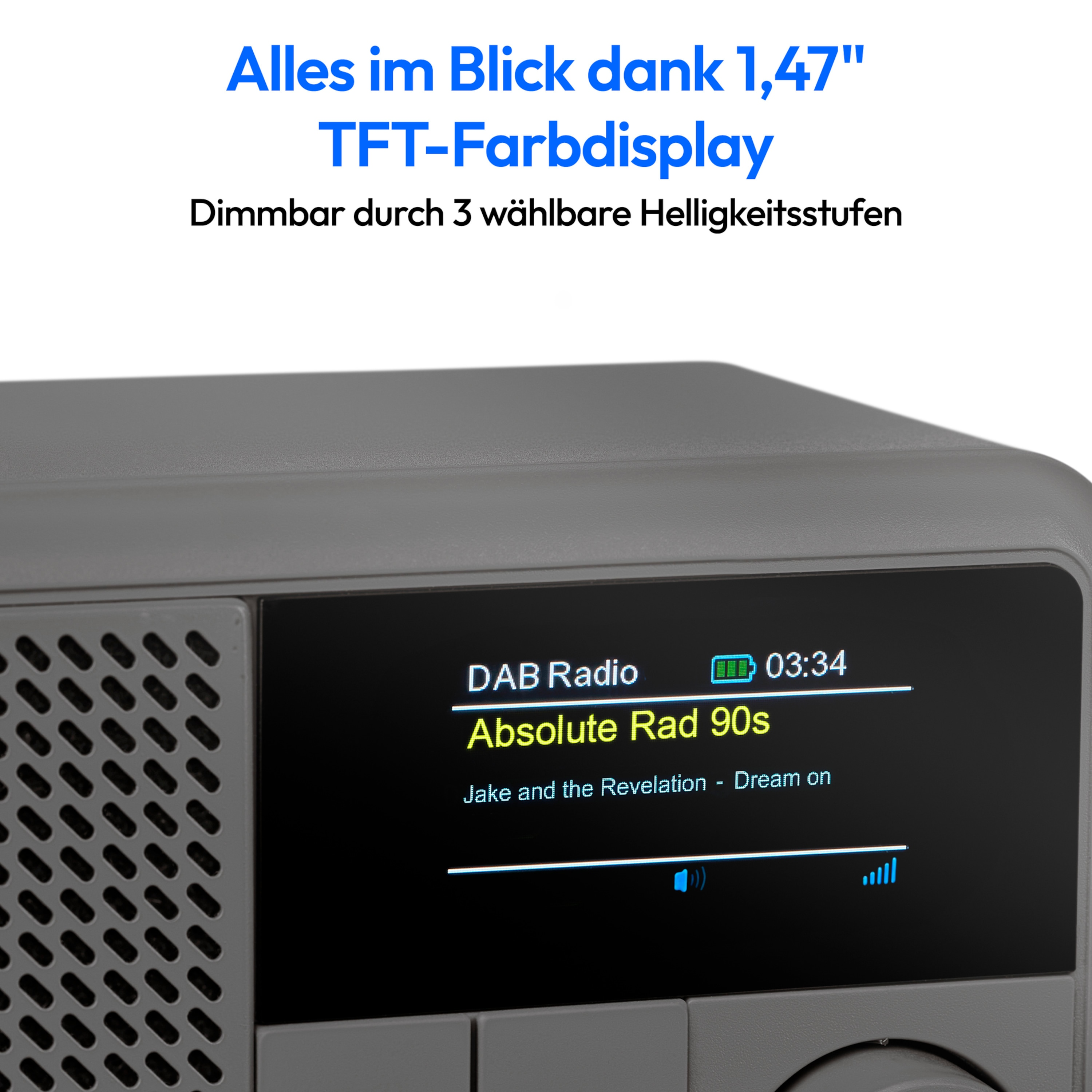 A grey DAB radio with a display showing radio information, with a background.