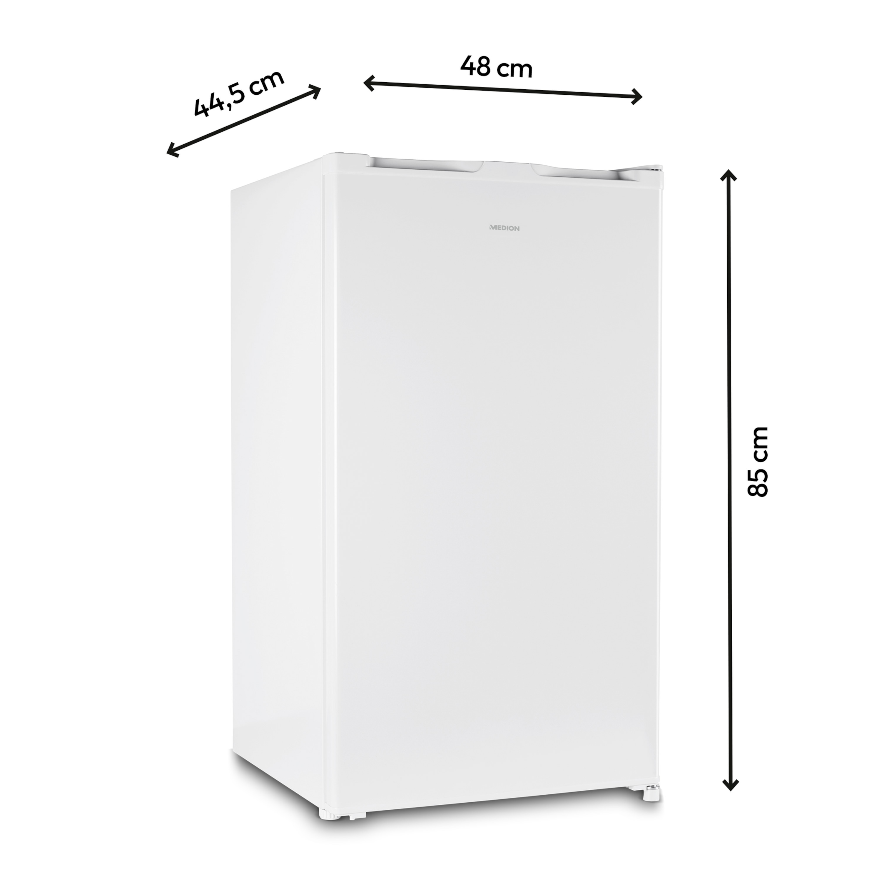 Een witte koelkast met afmetingen: 44,5 cm, 48 cm en 85 cm.